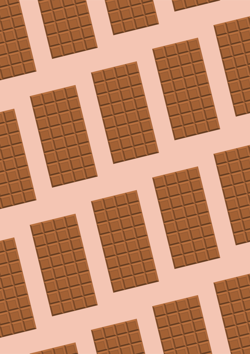 Un modello di quadrati di cioccolato su sfondo rosa