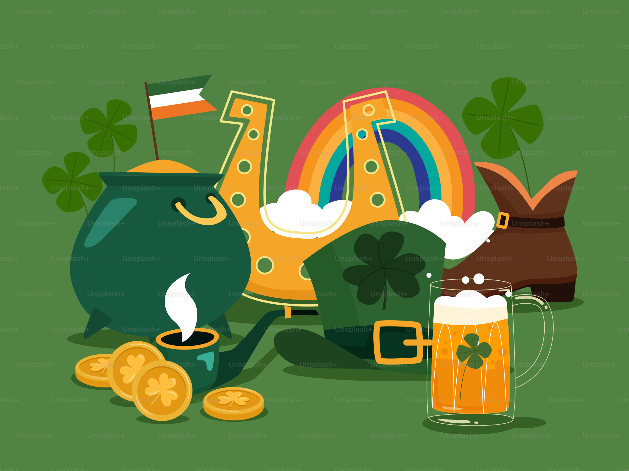 Kartu St Patrick's Day dengan pot koin emas dan pot