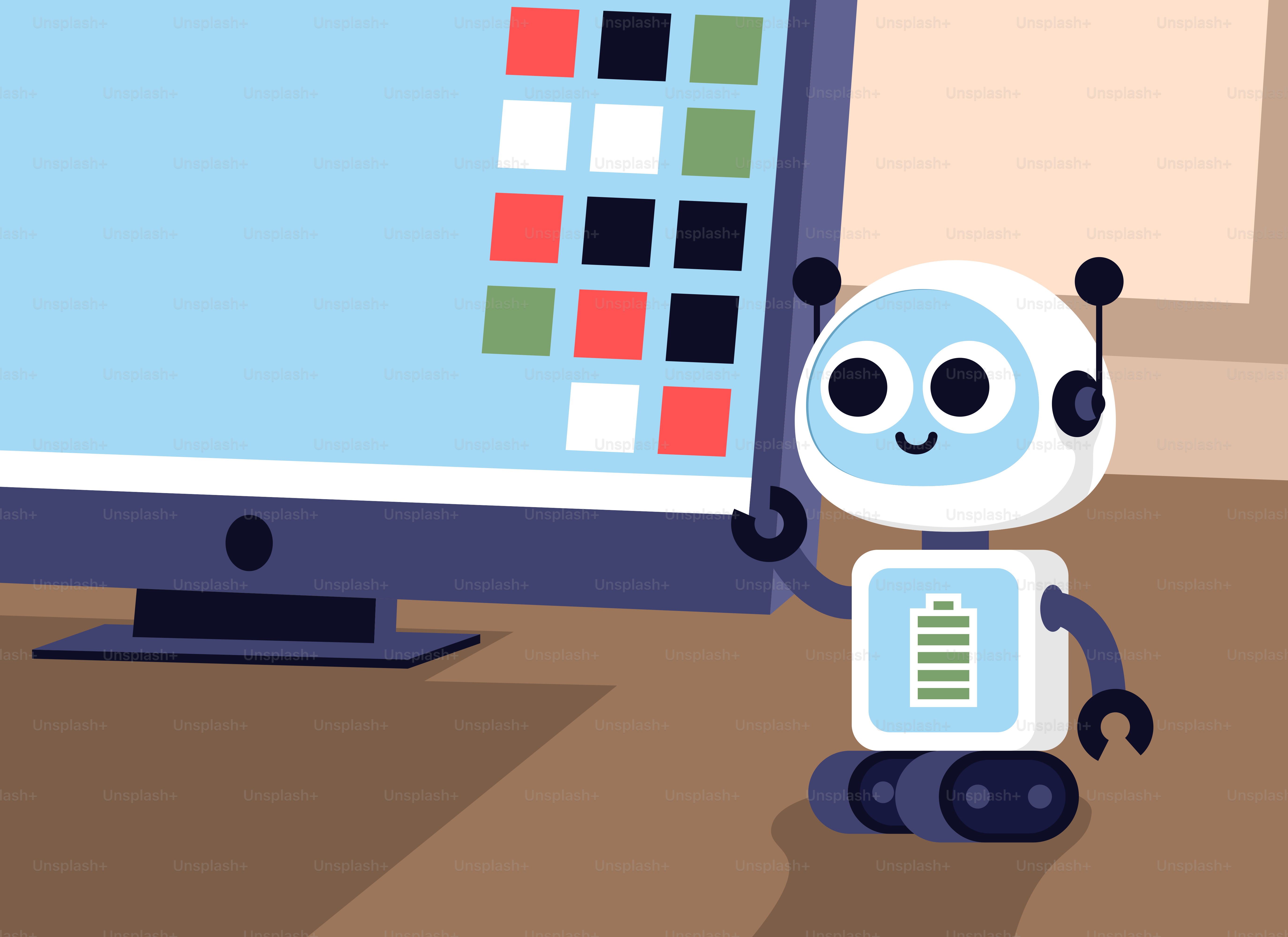 Ein kleiner Roboter, der vor einem Computermonitor sitzt