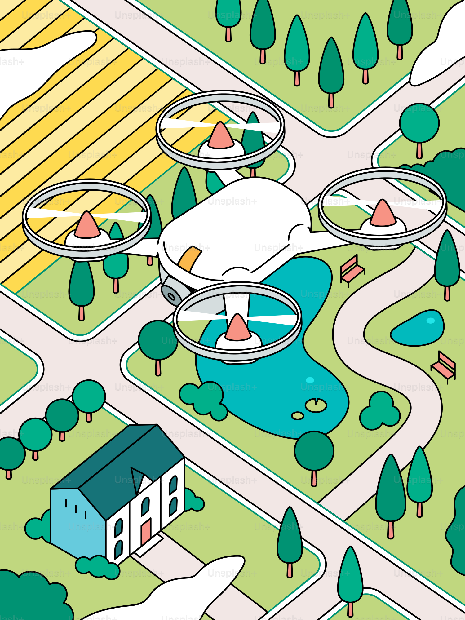 An aerial view of a neighborhood with a small house