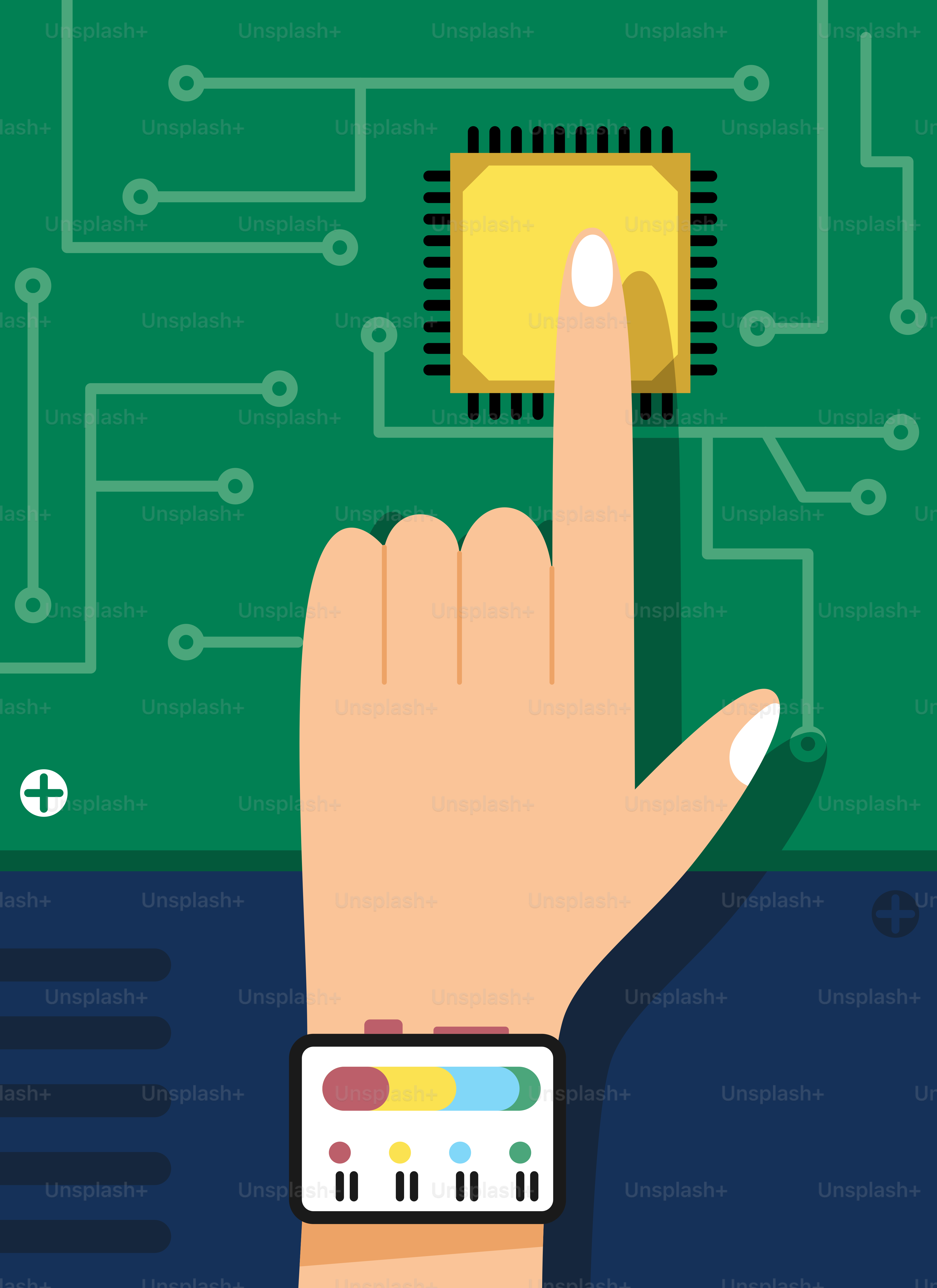 A hand touching a micro processor on a screen