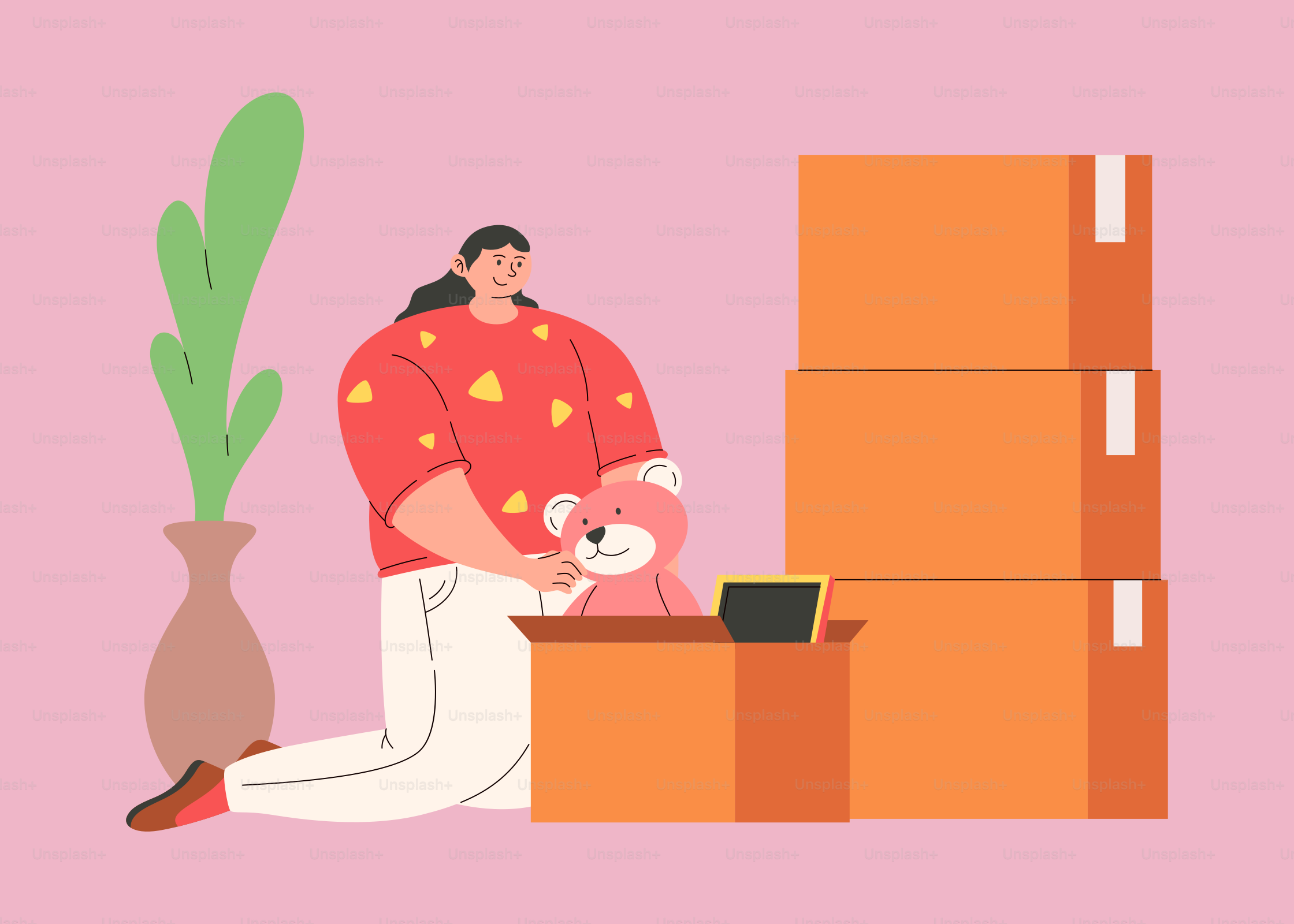 A woman is sitting on a box with a stuffed animal