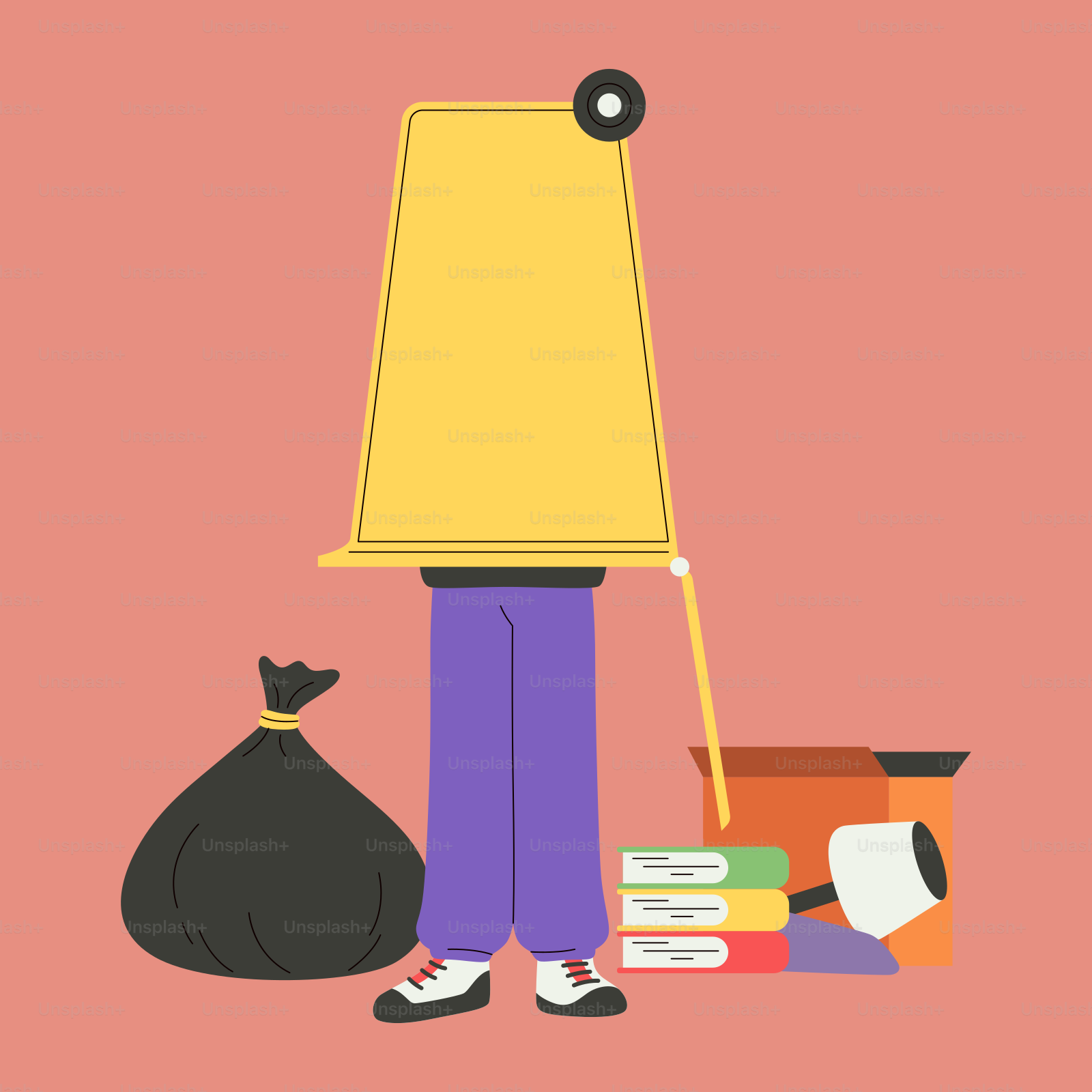 A person standing next to a bag and a lamp