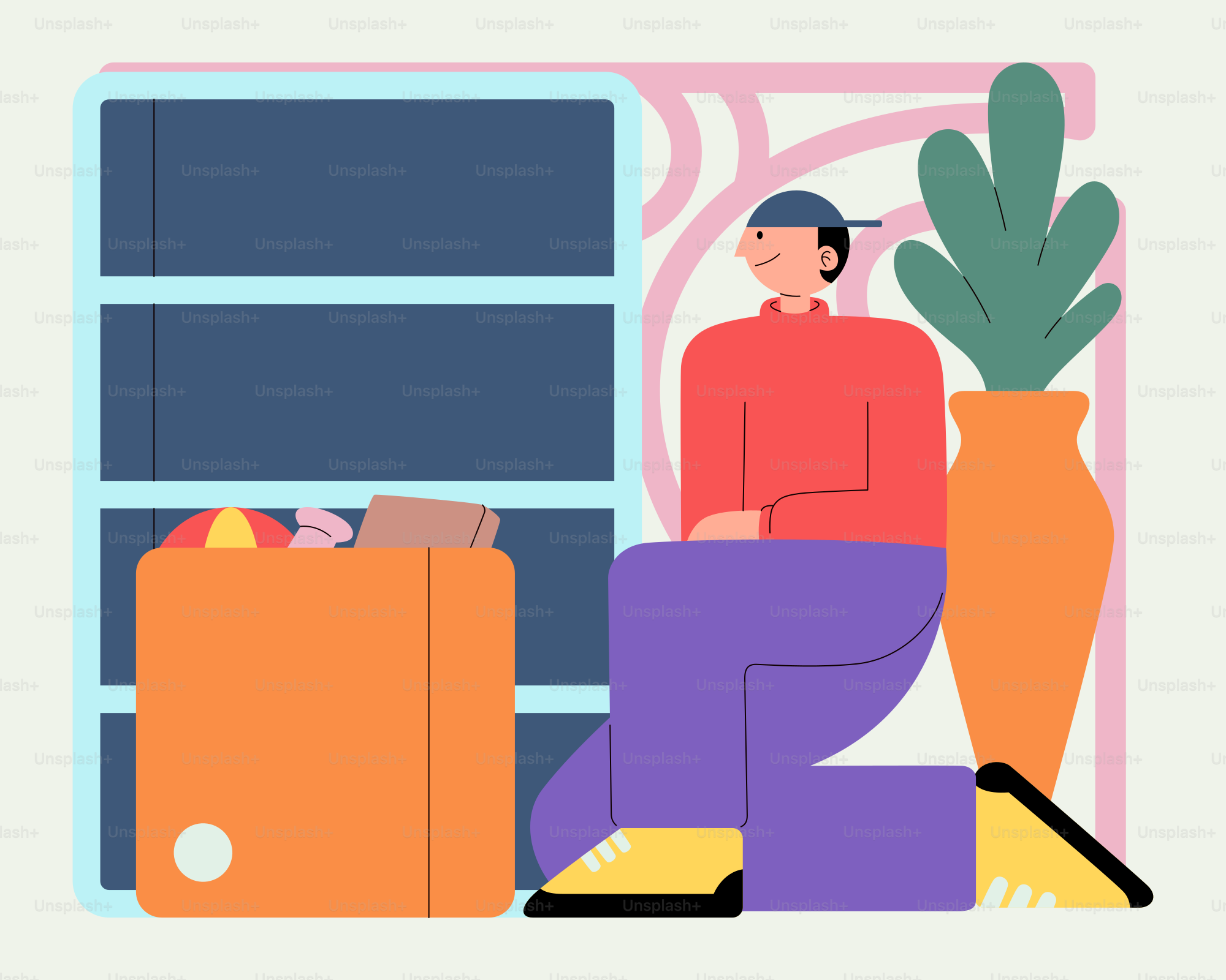 A man sitting on a couch next to a potted plant