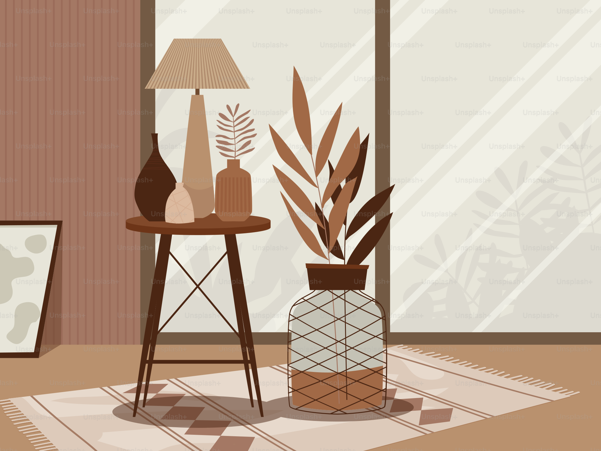 Un salón con una mesa y una lámpara