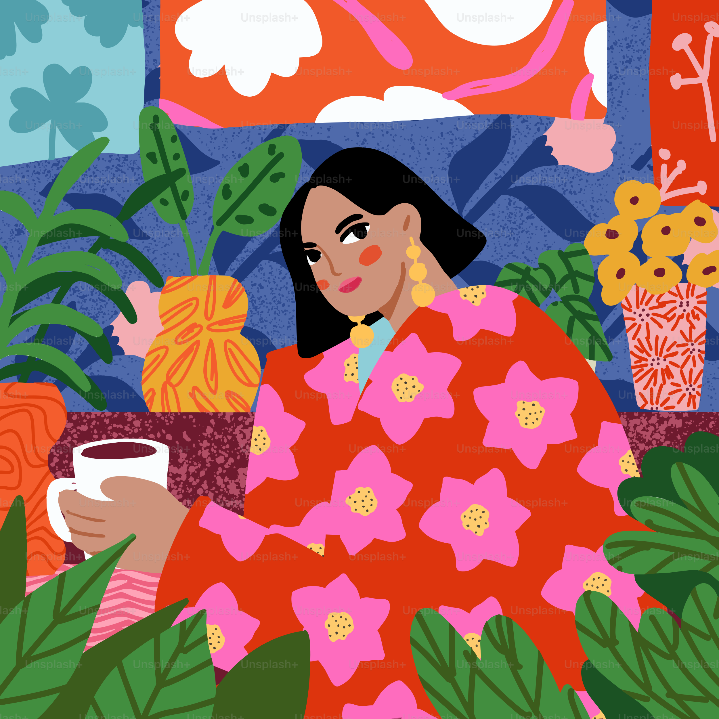 A painting of a woman holding a cup of coffee