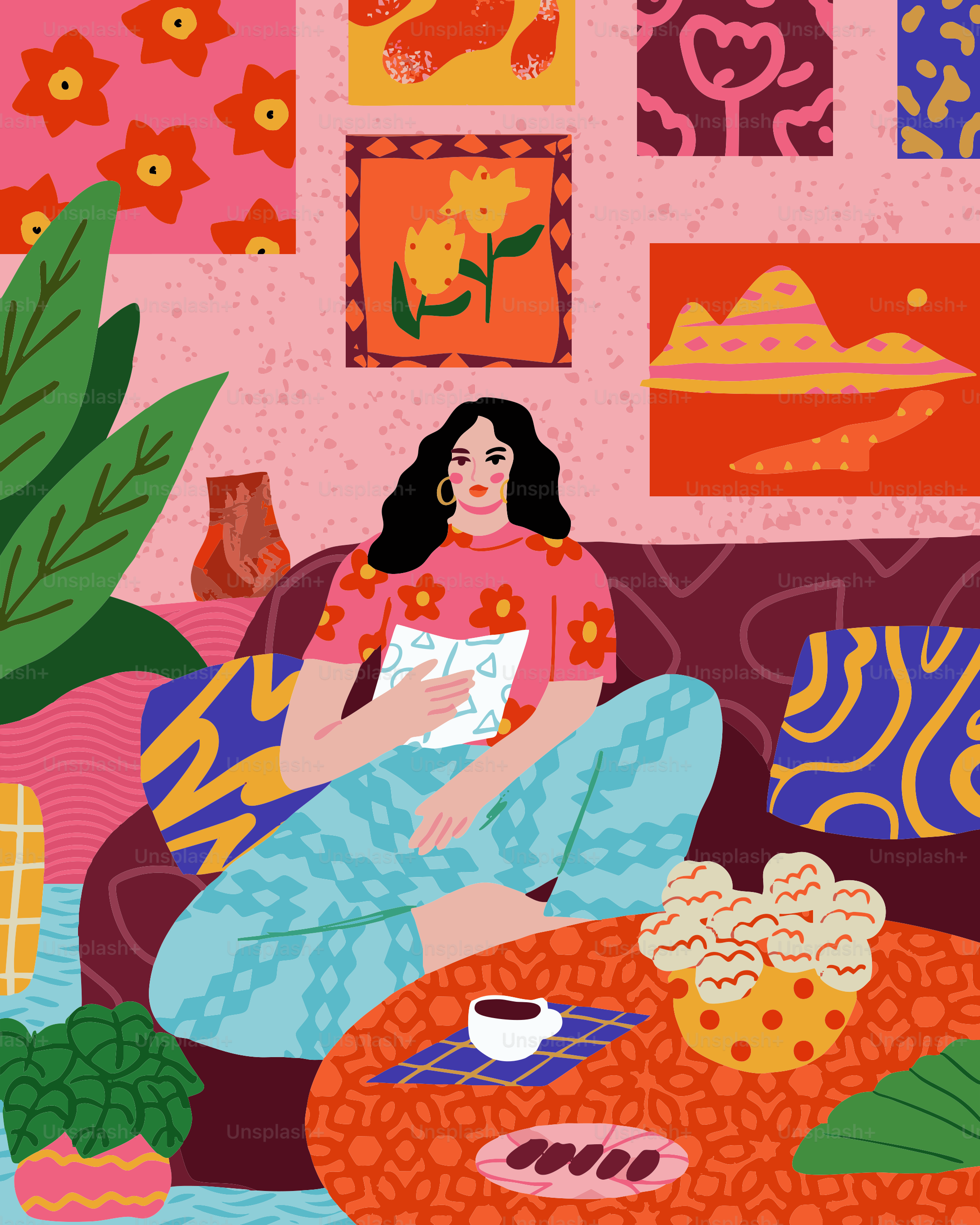 A painting of a woman sitting on a couch