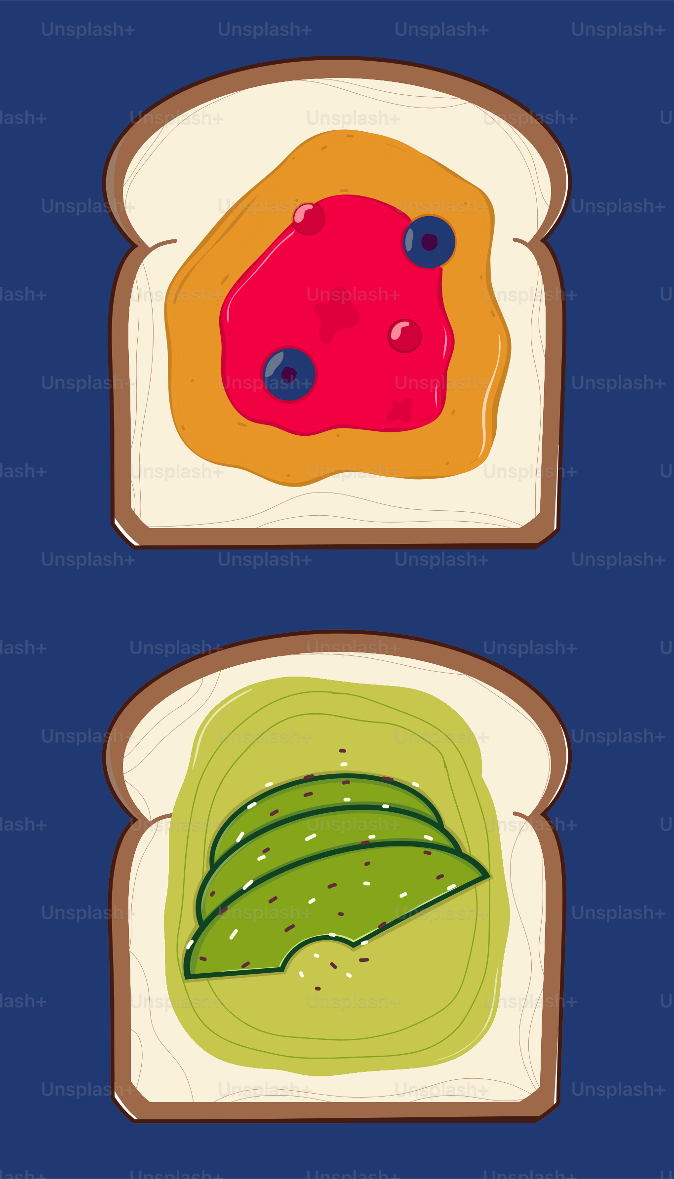 Two slices of bread with different toppings on them
