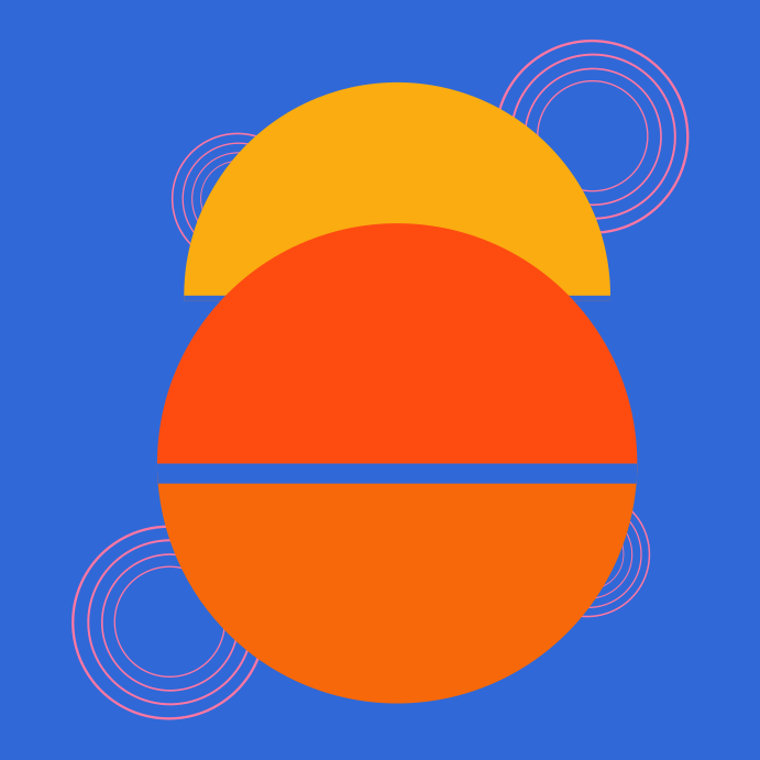 A blue background with an orange and yellow circle