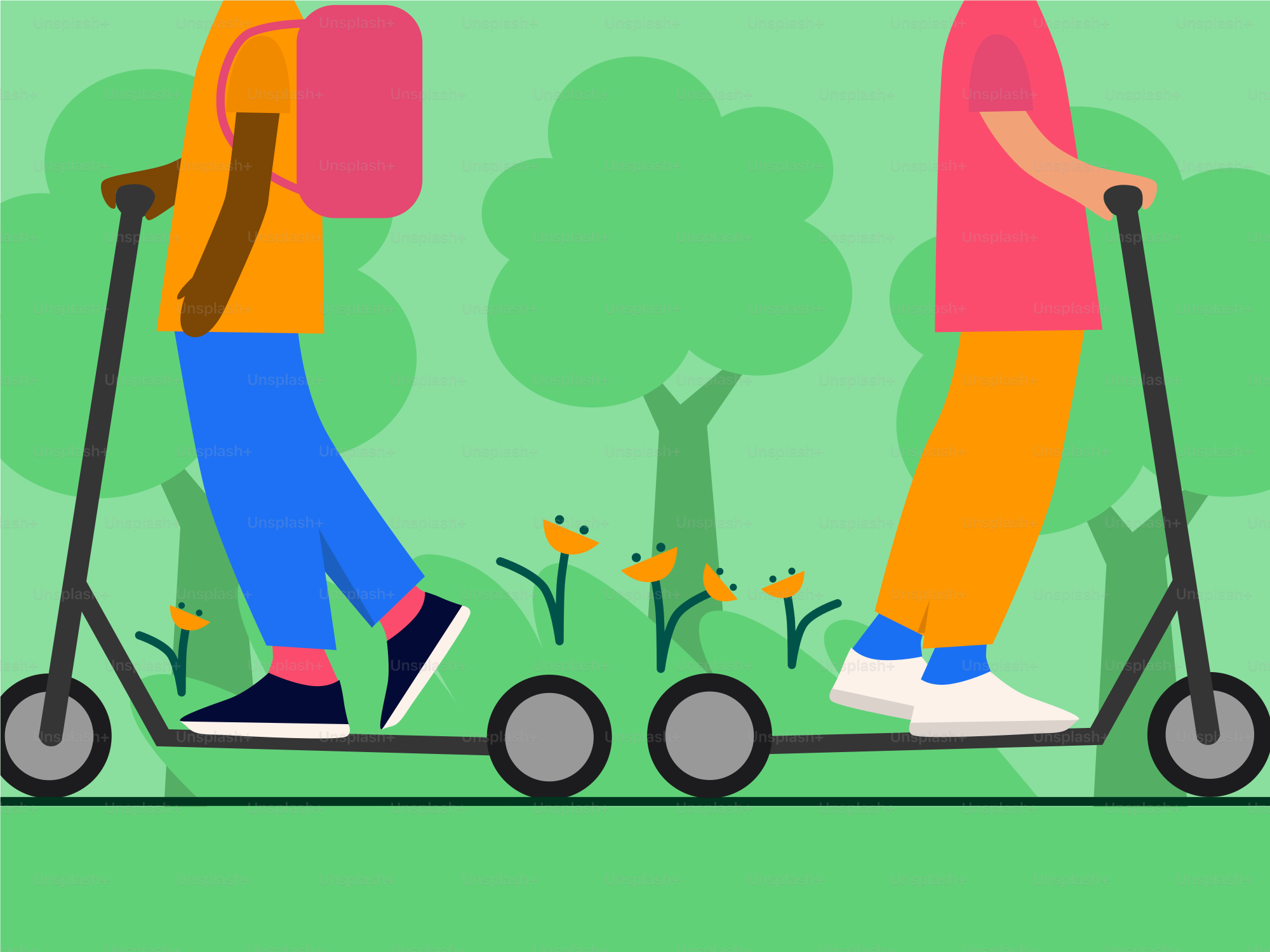 Zwei Personen, die auf einem Roller mit einem Rucksack auf dem Rücksitz laufen