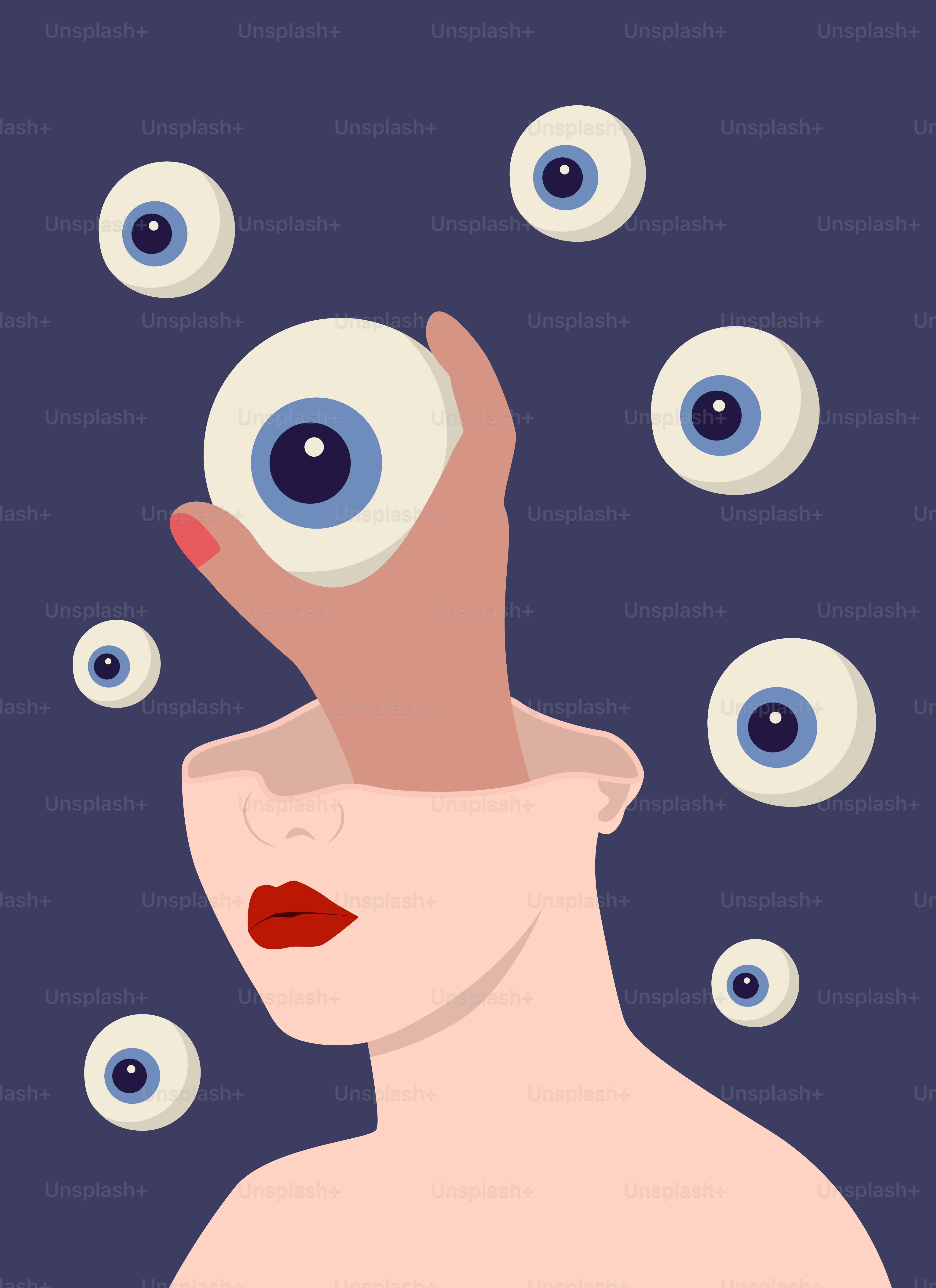 A woman's face surrounded by blue eyes