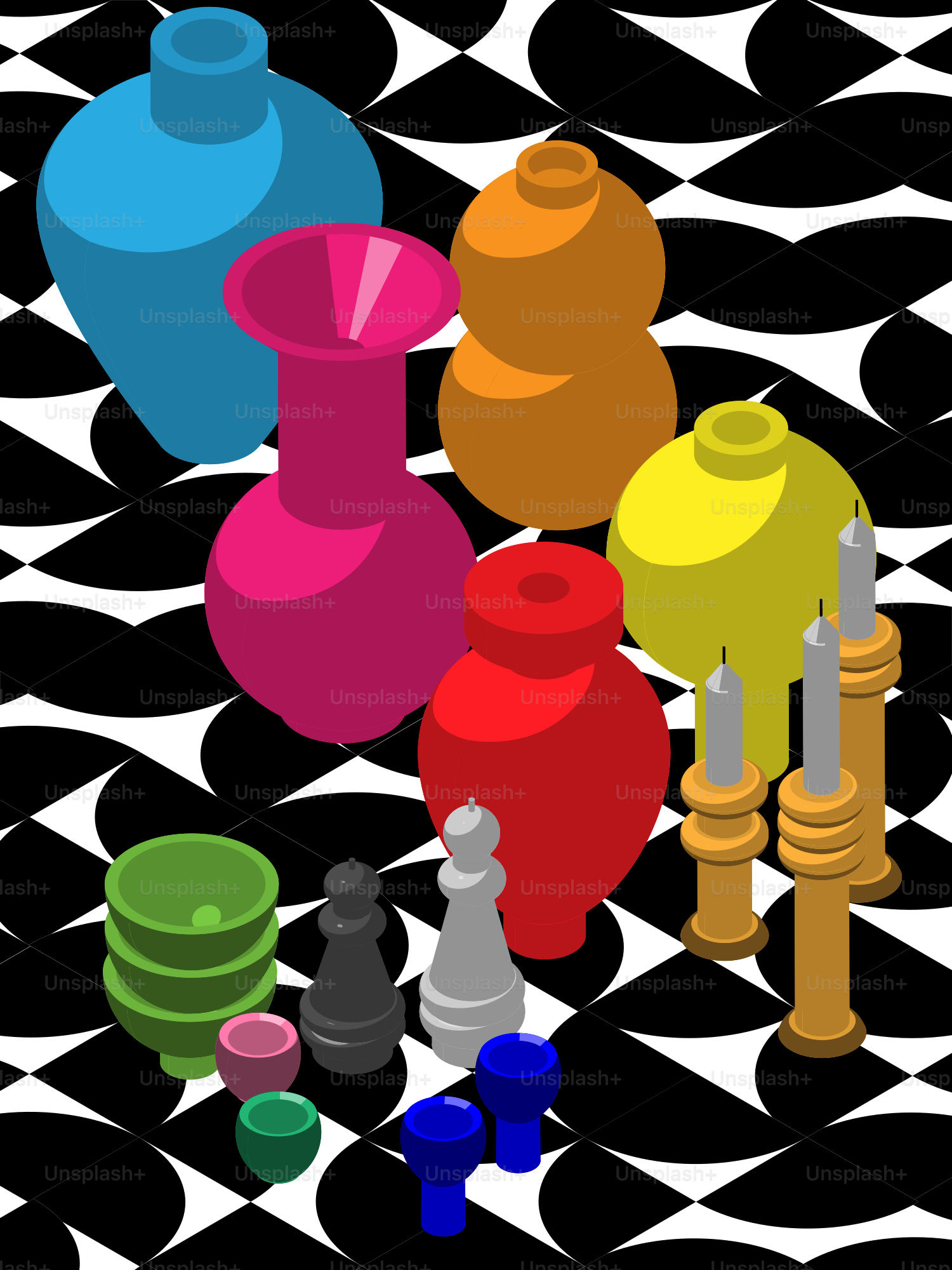 A group of colorful vases sitting on top of a black and white floor