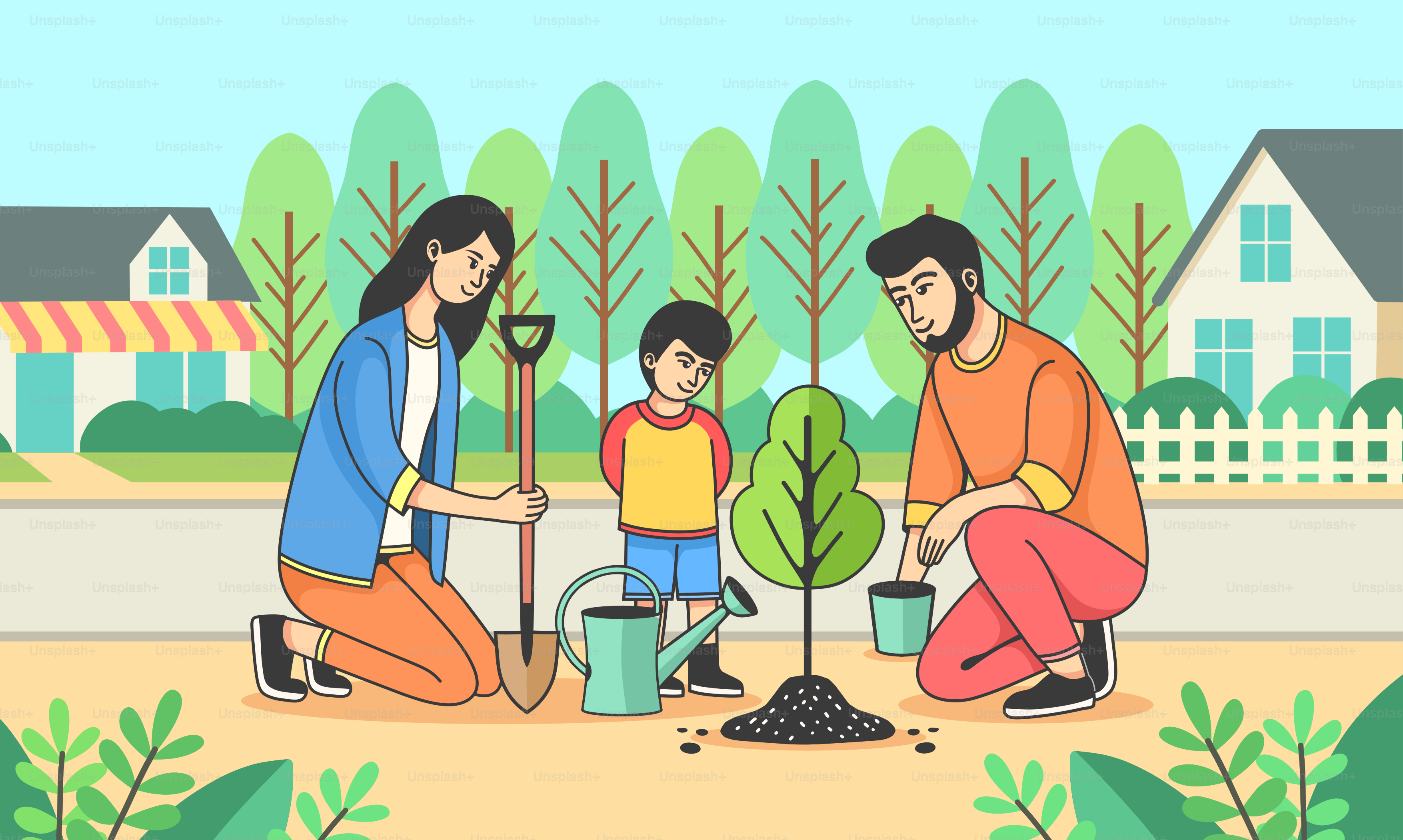 A group of people planting trees in a yard