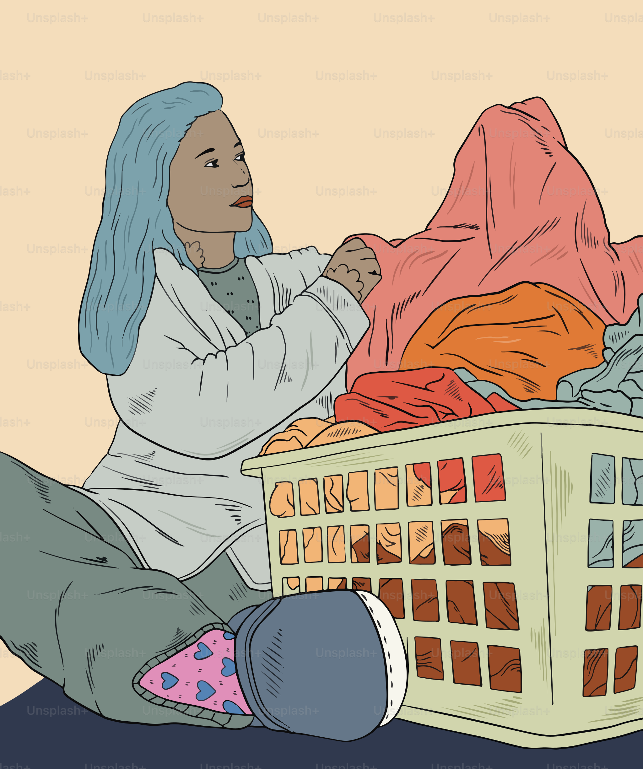 A woman sitting on the floor next to a laundry basket