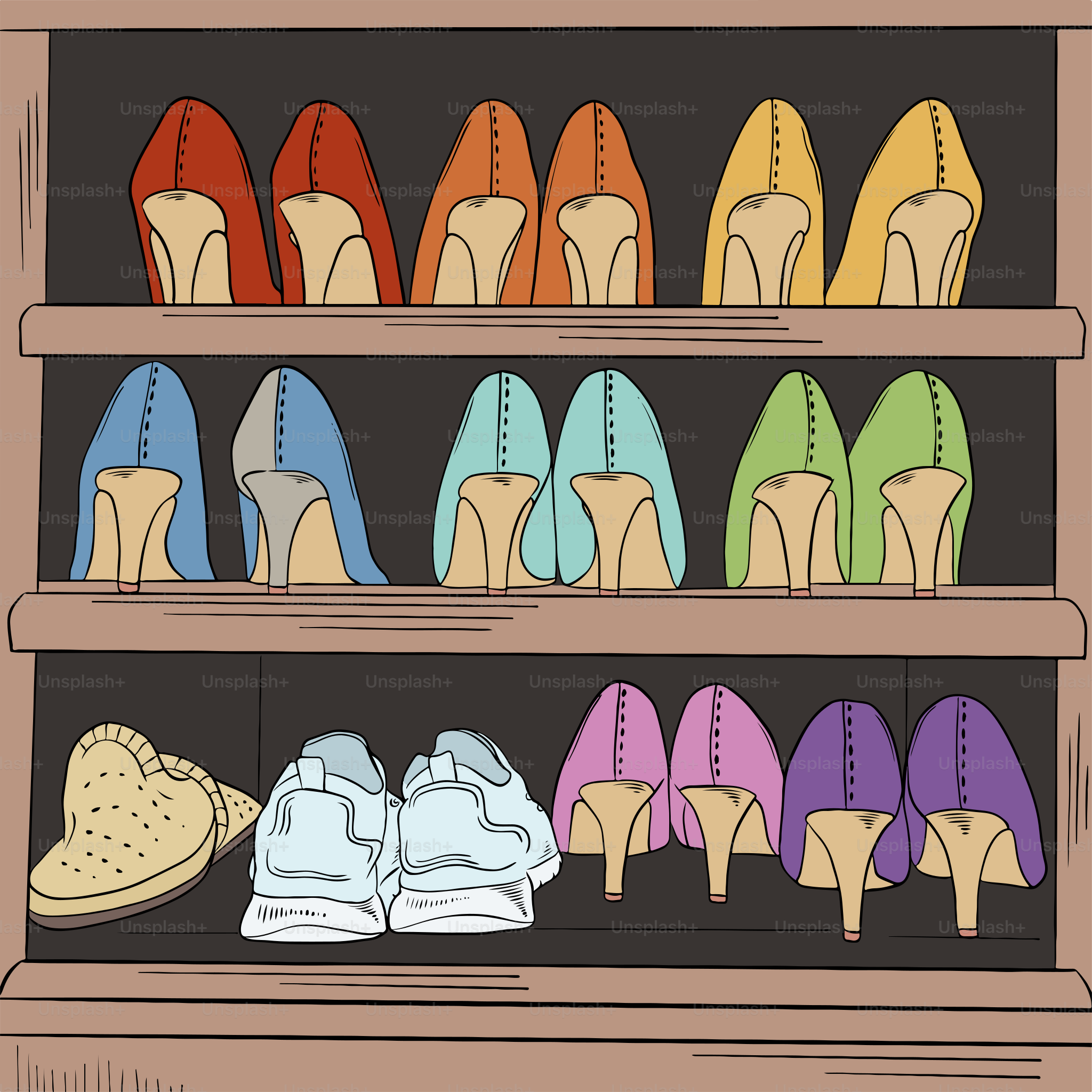 A shelf filled with lots of different colored shoes