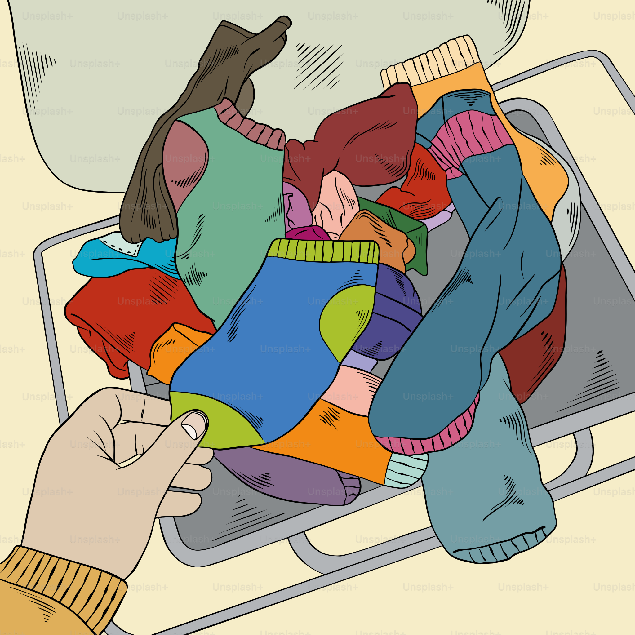 A person holding a pile of clothes in a suitcase