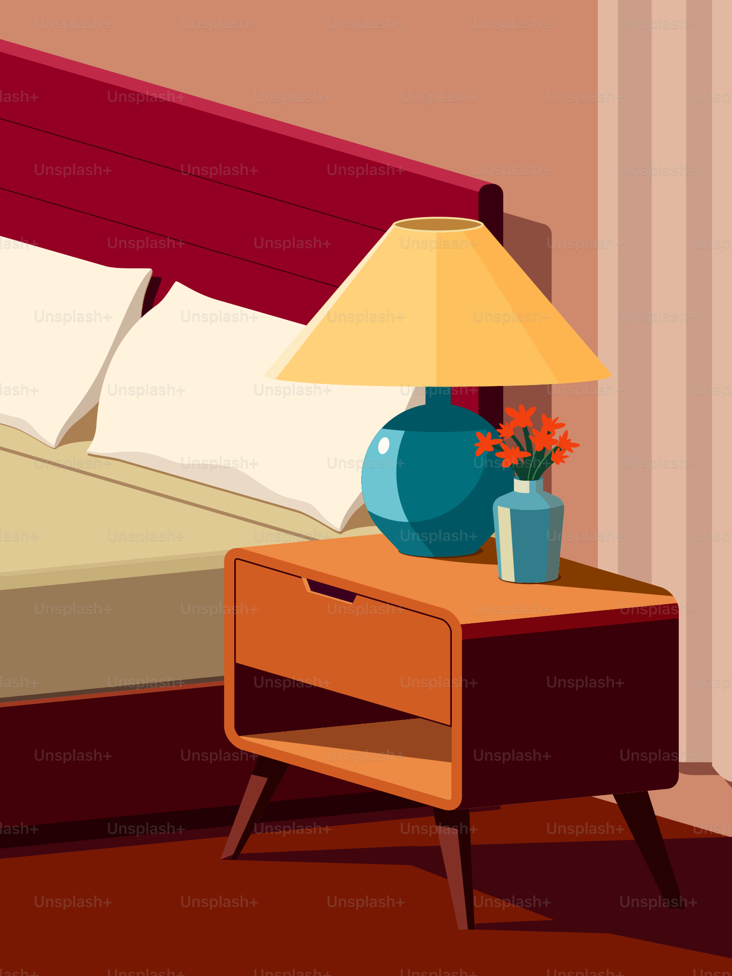 A bedroom with a bed, nightstand and lamp