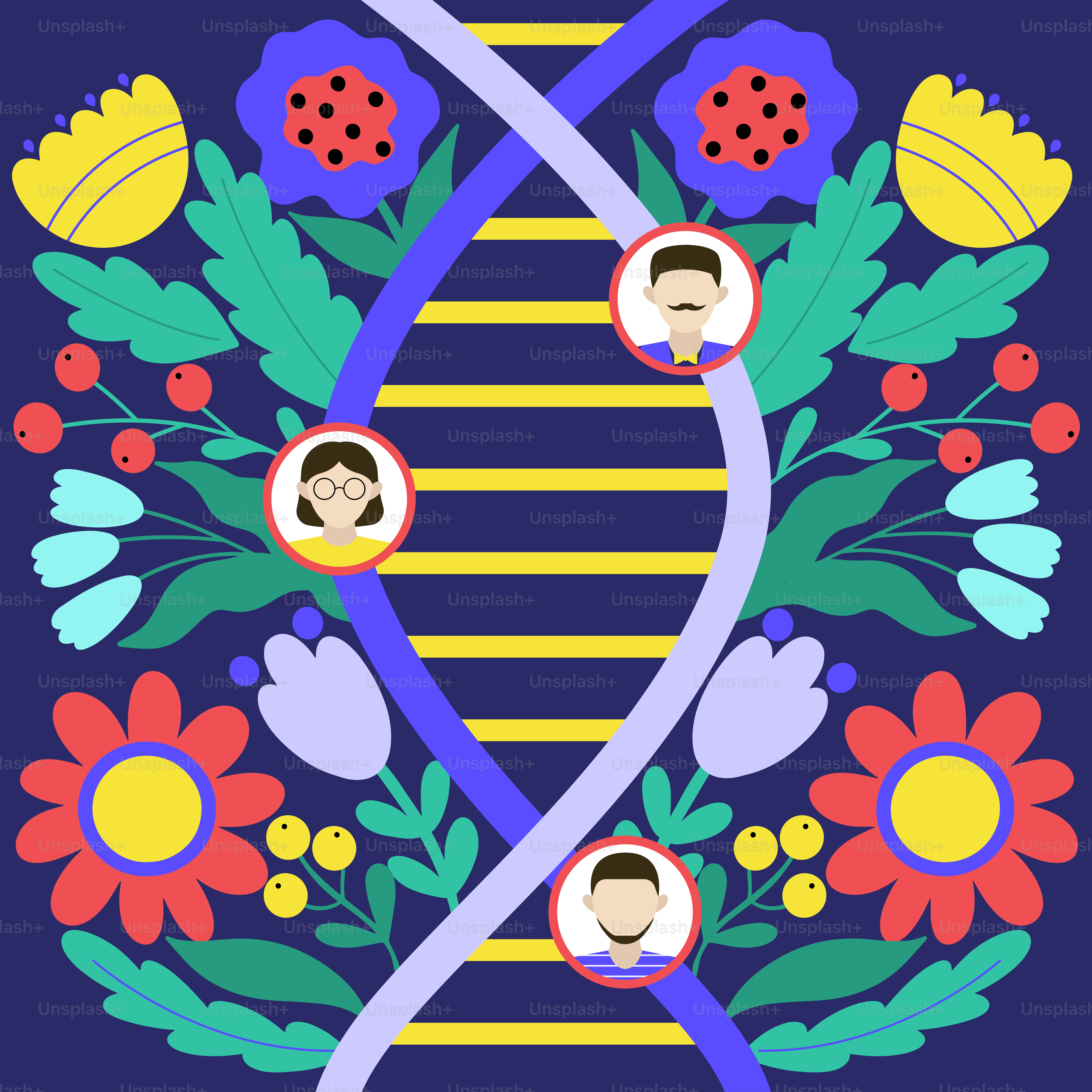 Ein blauer Hintergrund mit Blumen und Menschen darauf