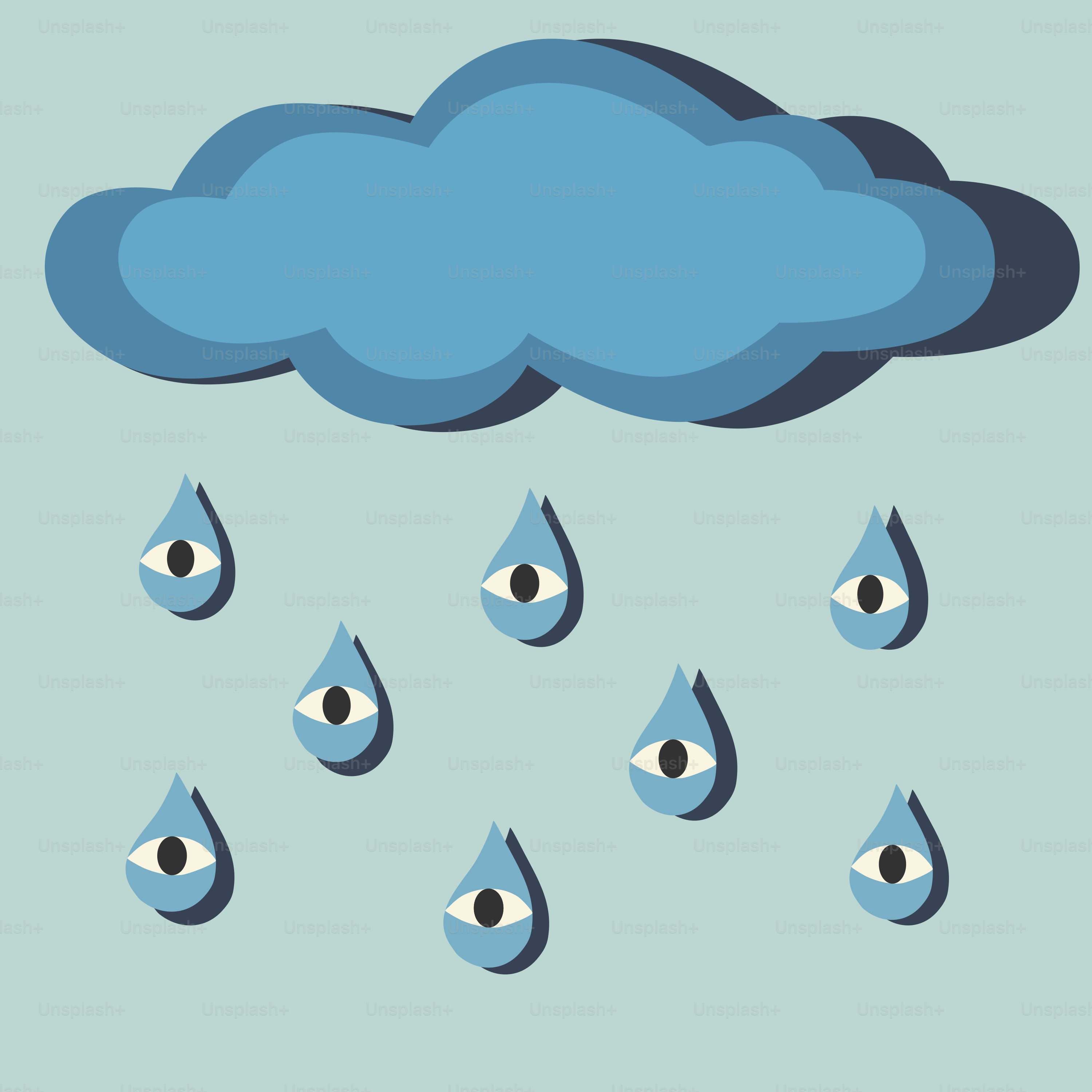 Eine blaue Wolke mit Augen liegt über einer Gruppe von Regentropfen