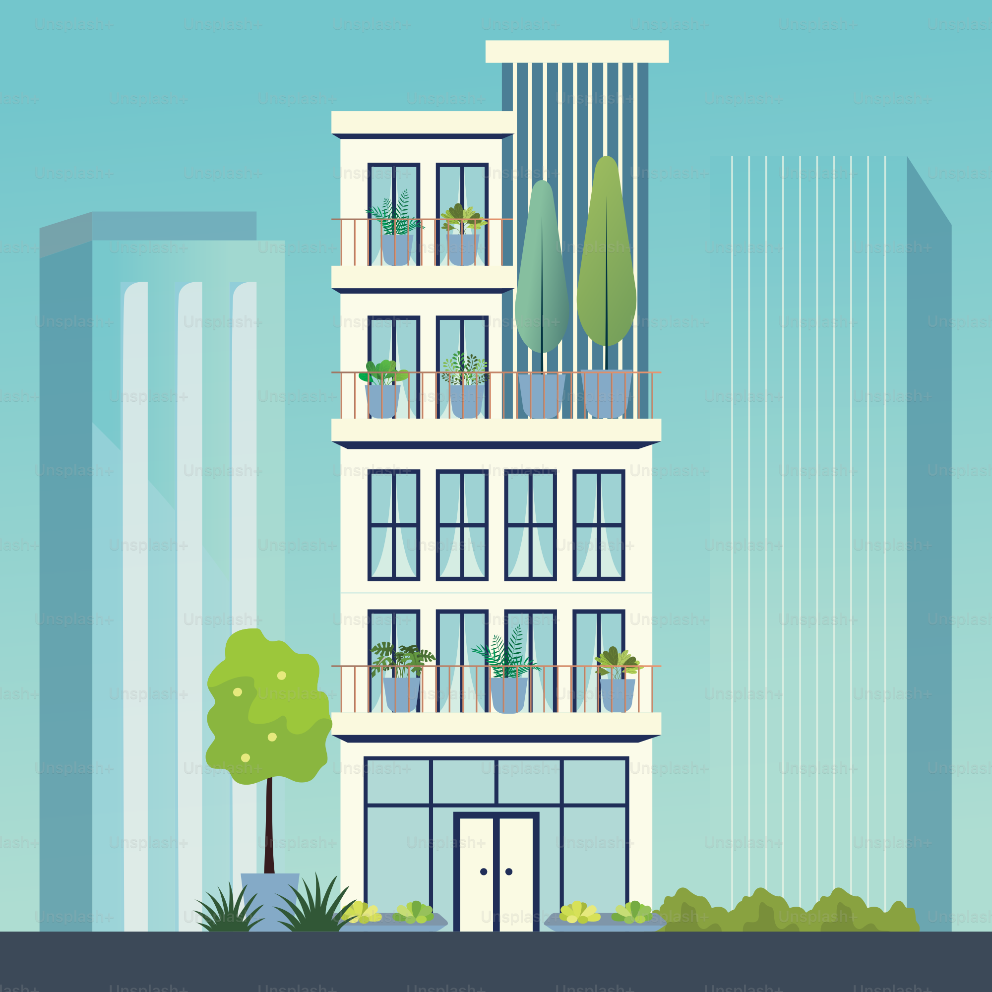 A tall building with plants on the balconies