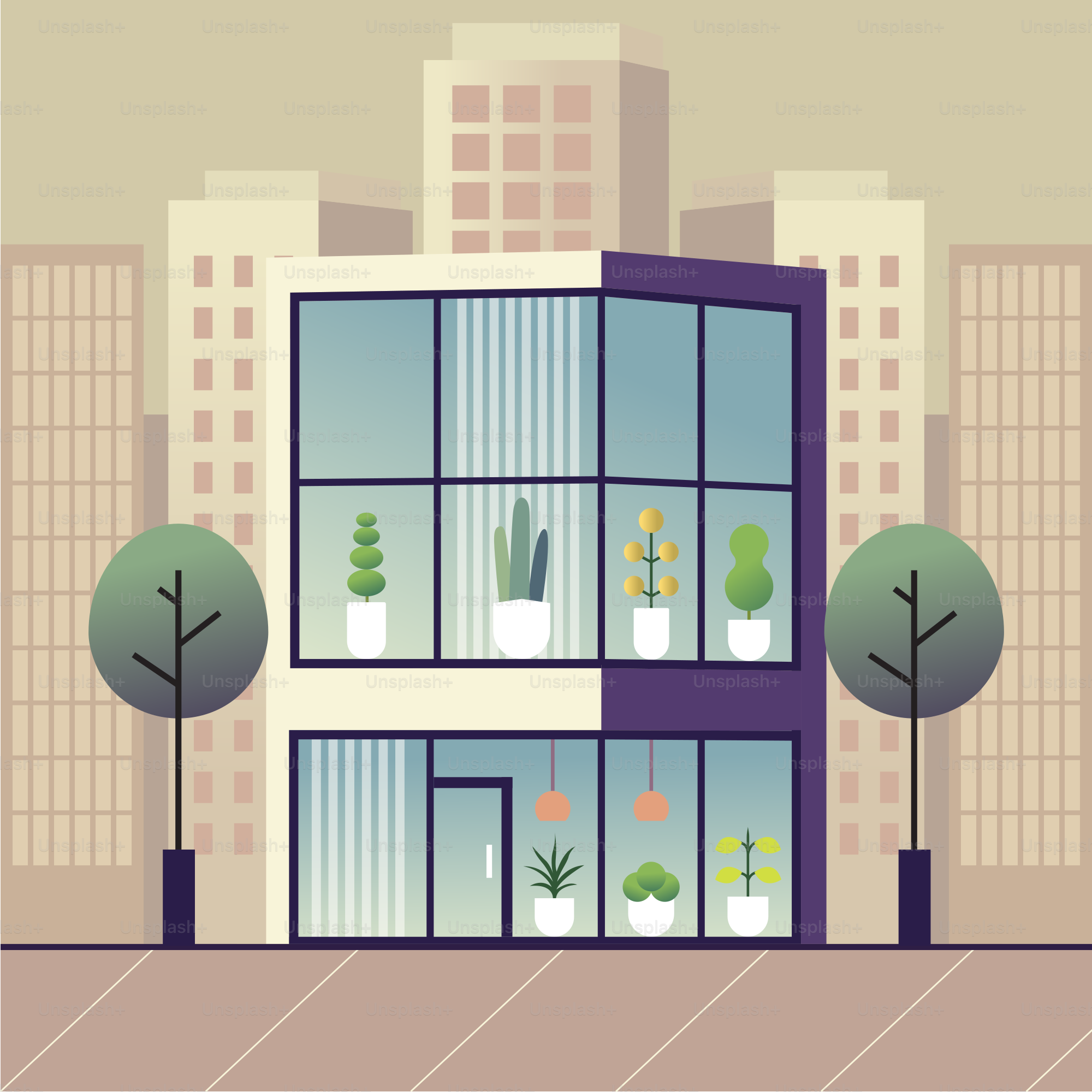 A building with a lot of windows and trees in front of it