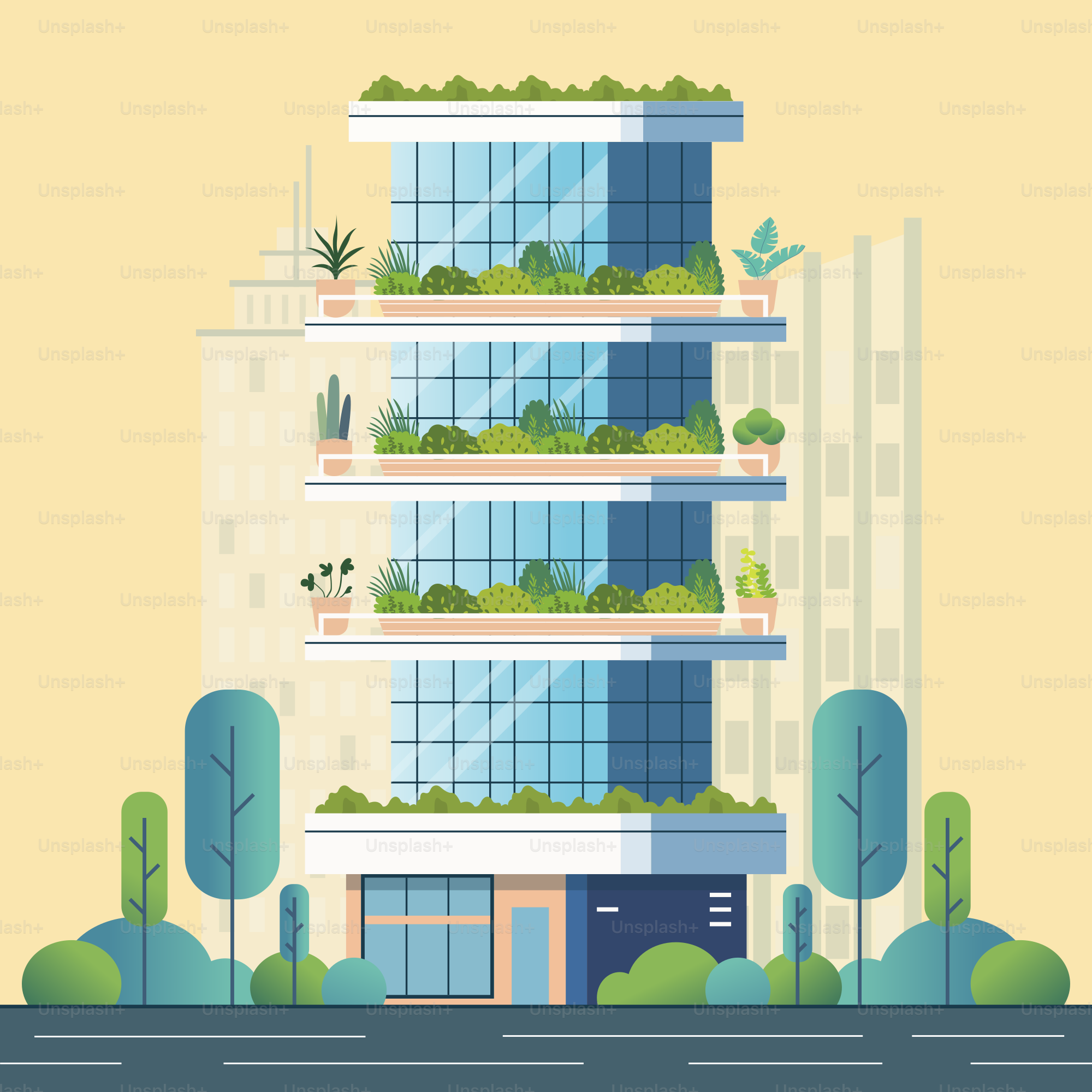 A tall building with plants growing on the windows