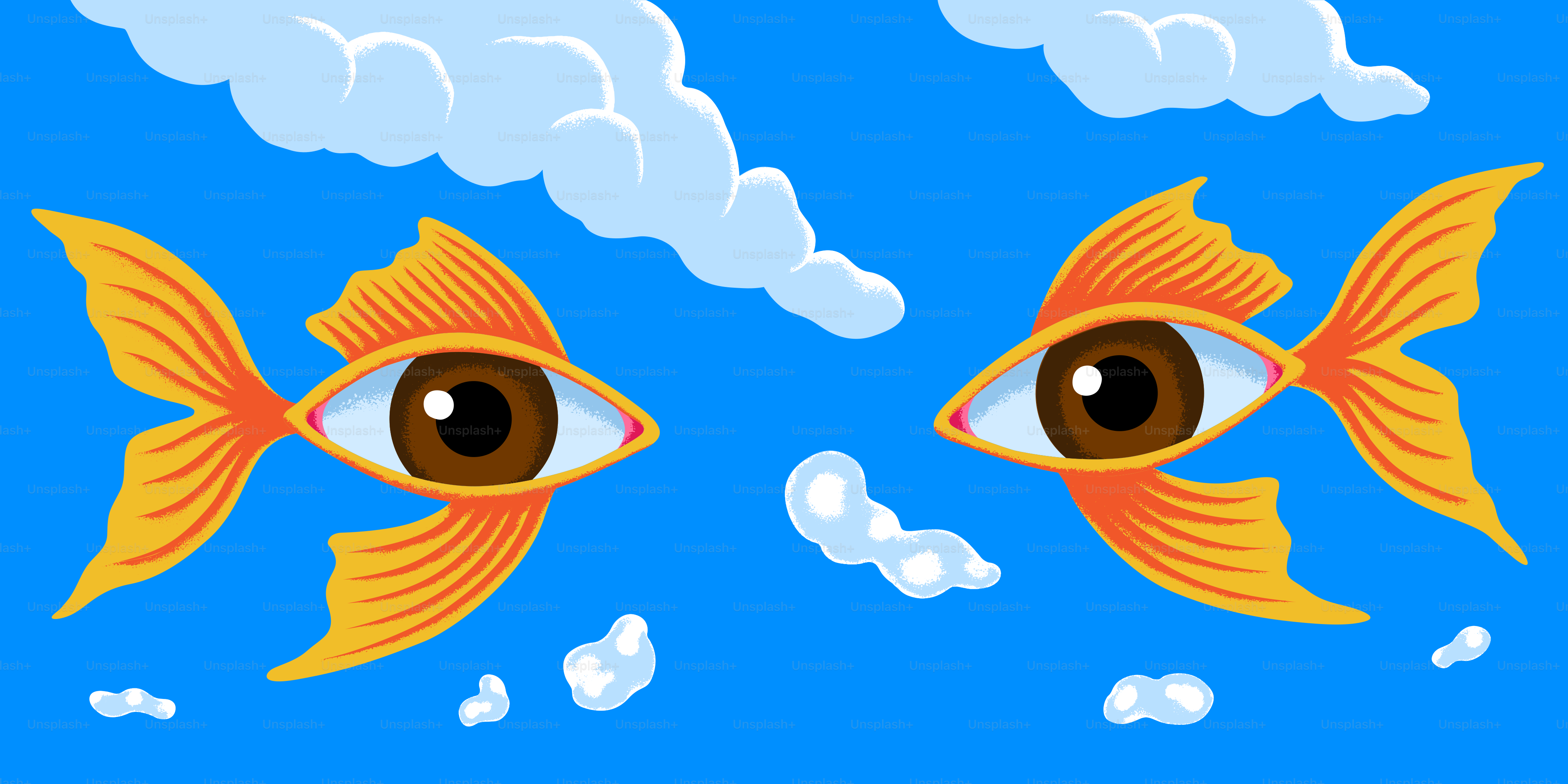 A pair of gold fish with clouds in the background