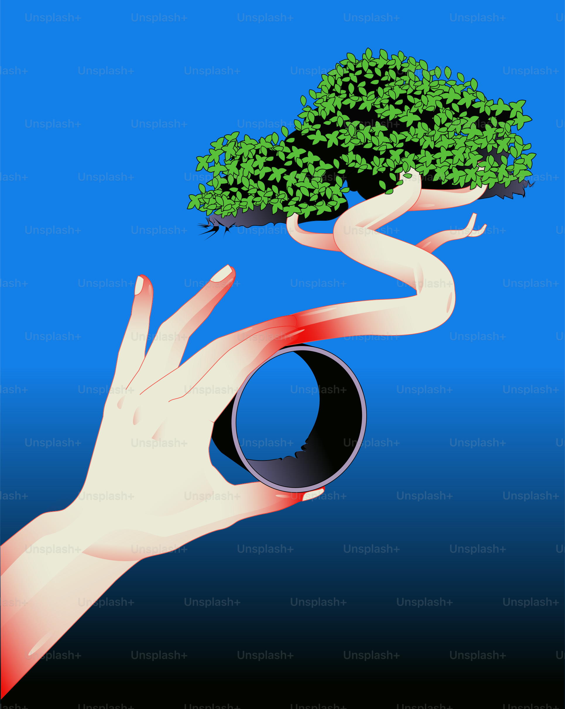 Una mano que sostiene un pequeño árbol con una serpiente que sale de él