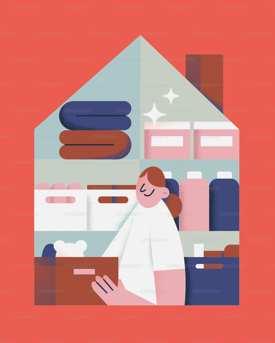 A woman in a room with a pile of towels