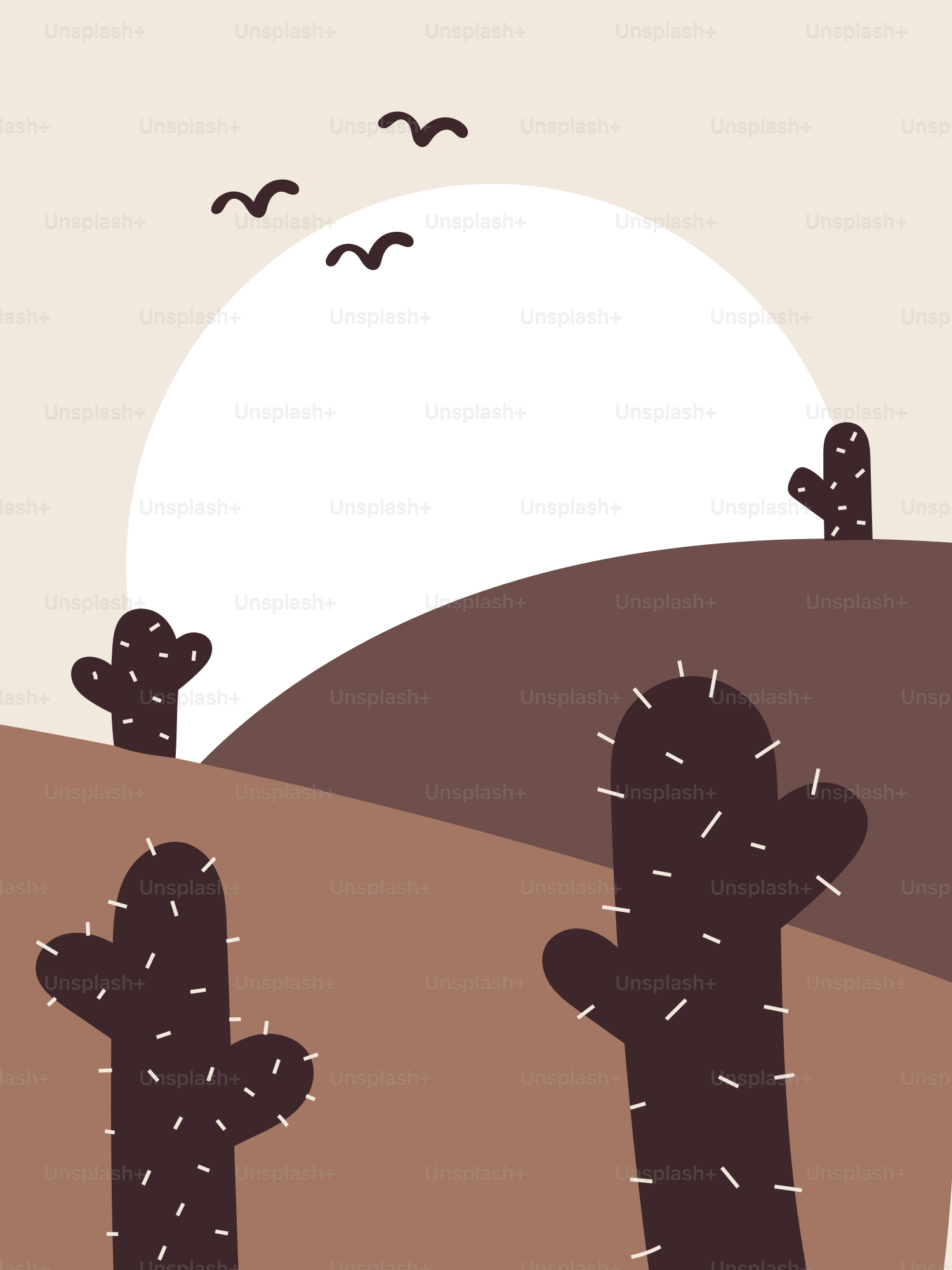 A desert scene with three cacti in the foreground