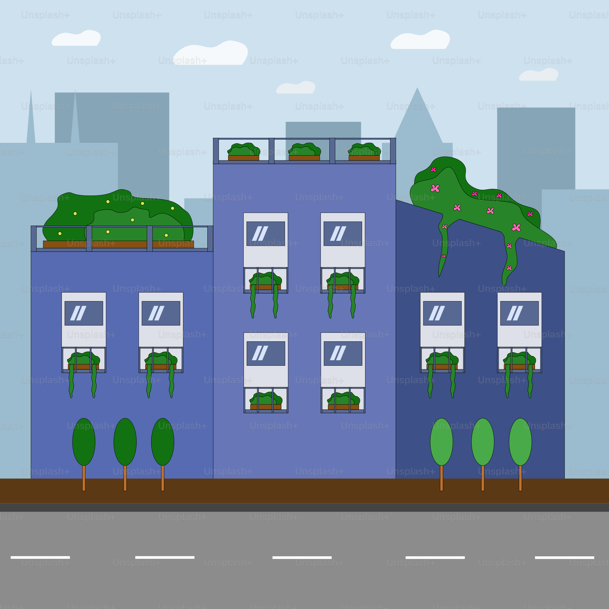 A cartoon of a city street with tall buildings