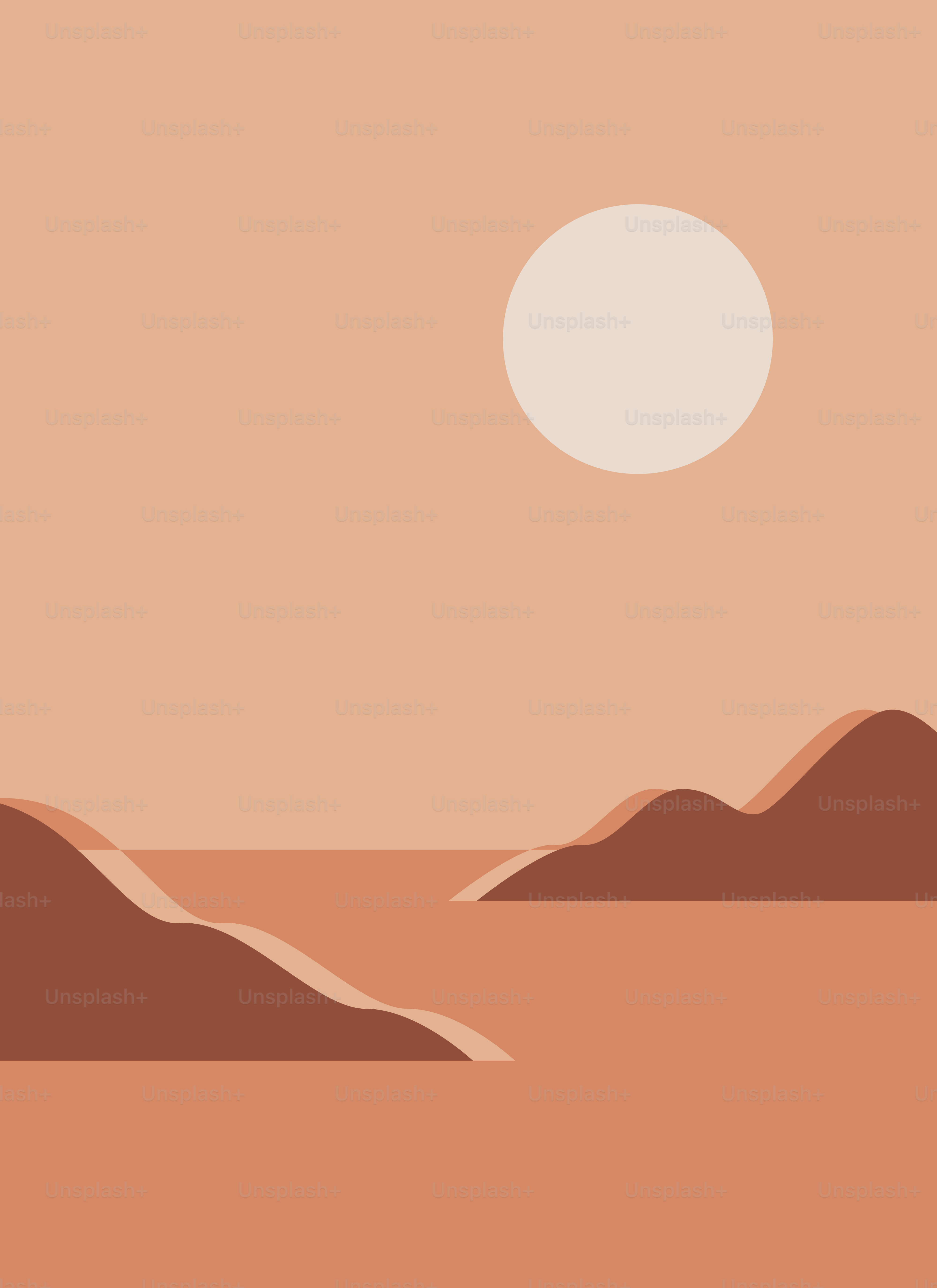 A desert landscape with mountains and a sun