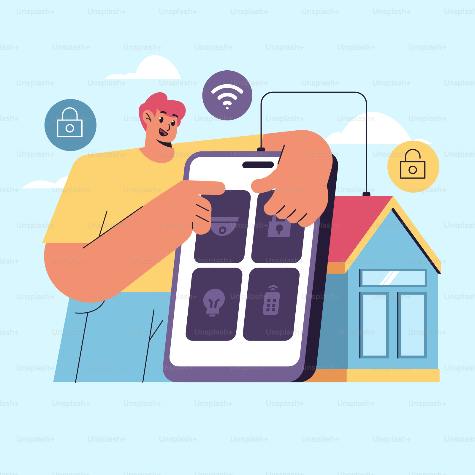 Um homem segurando um smartphone em frente a uma casa