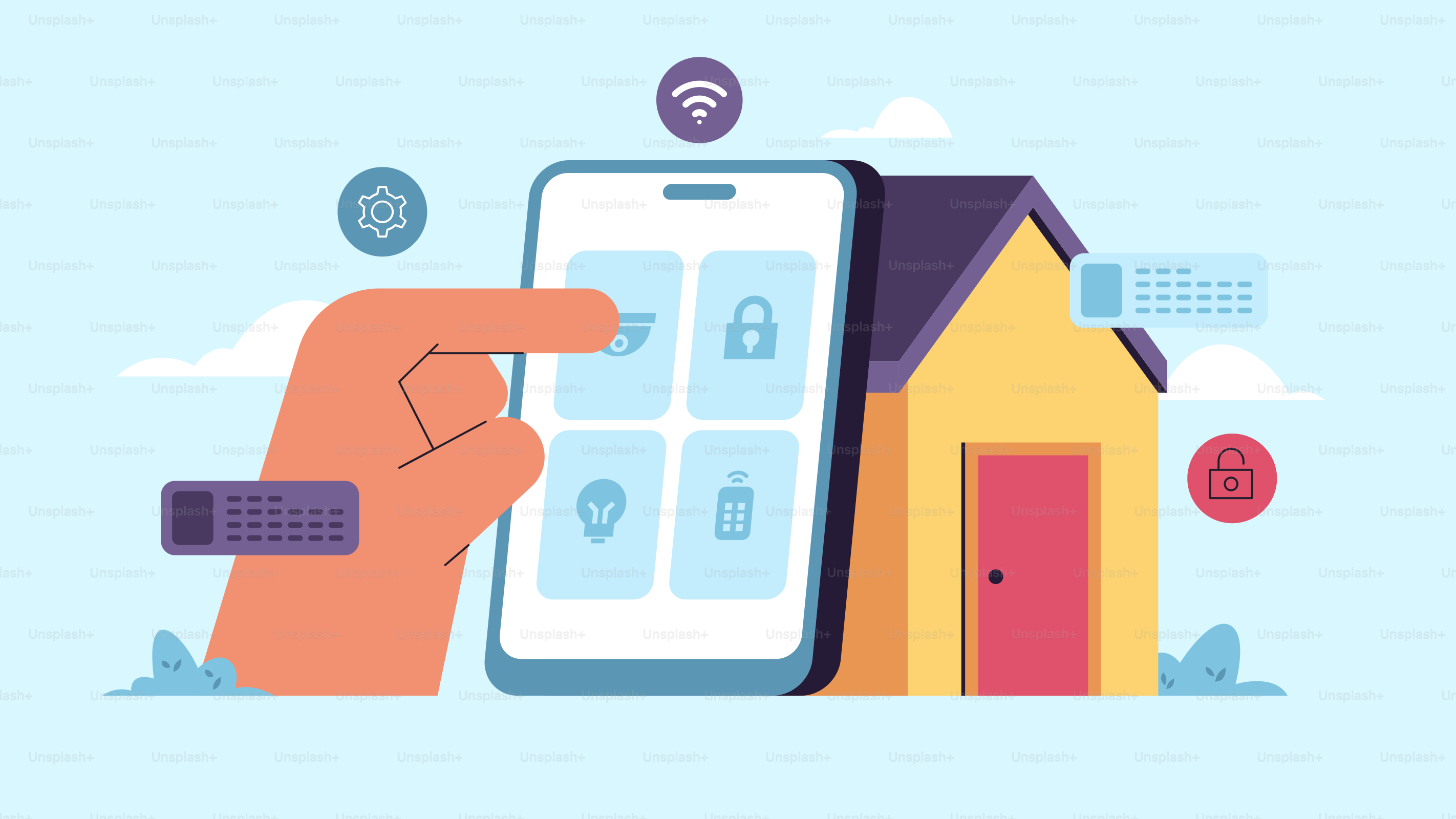 Uma mão segurando um smartphone em frente a uma casa