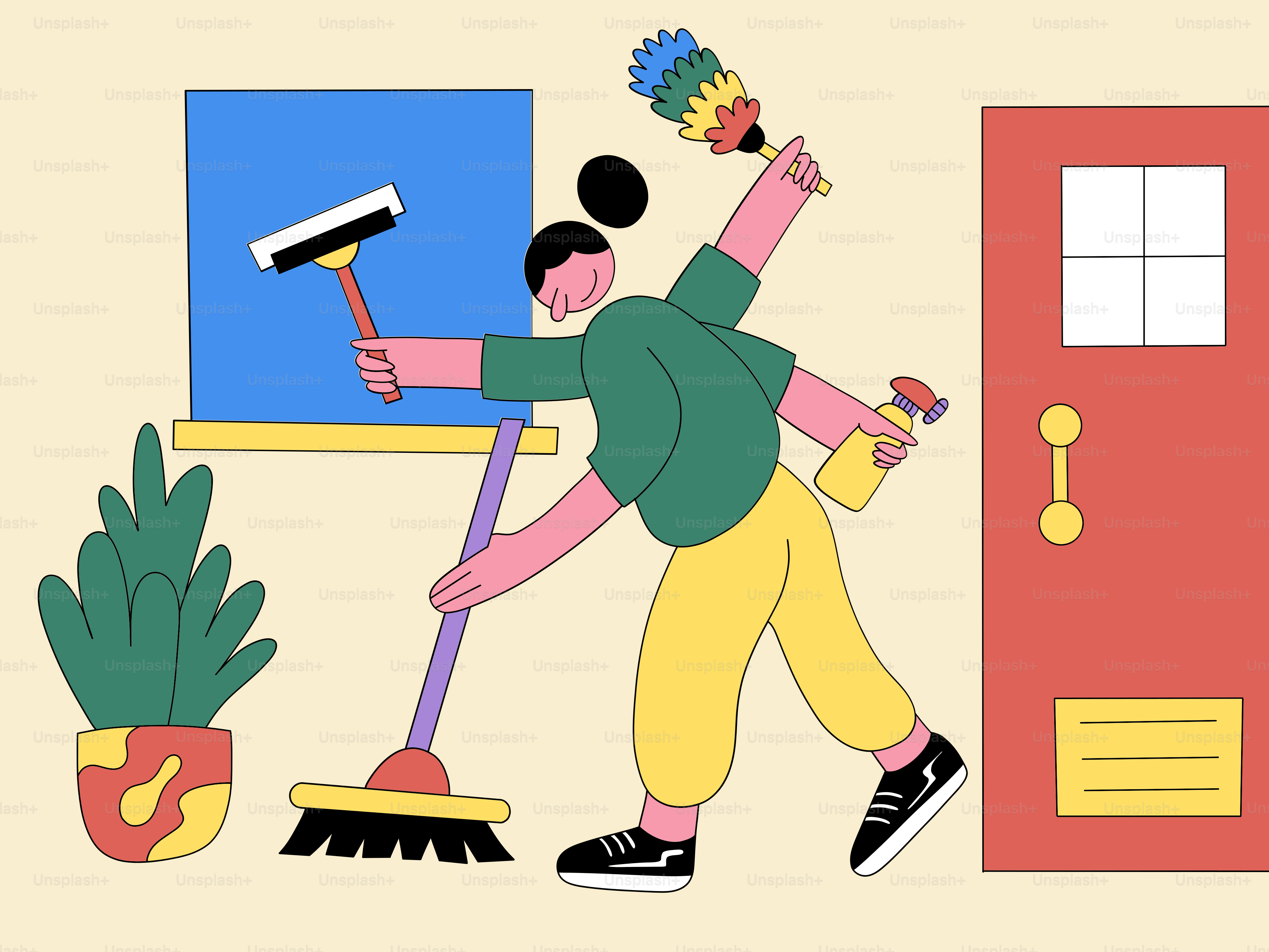 A man is cleaning a room with a broom