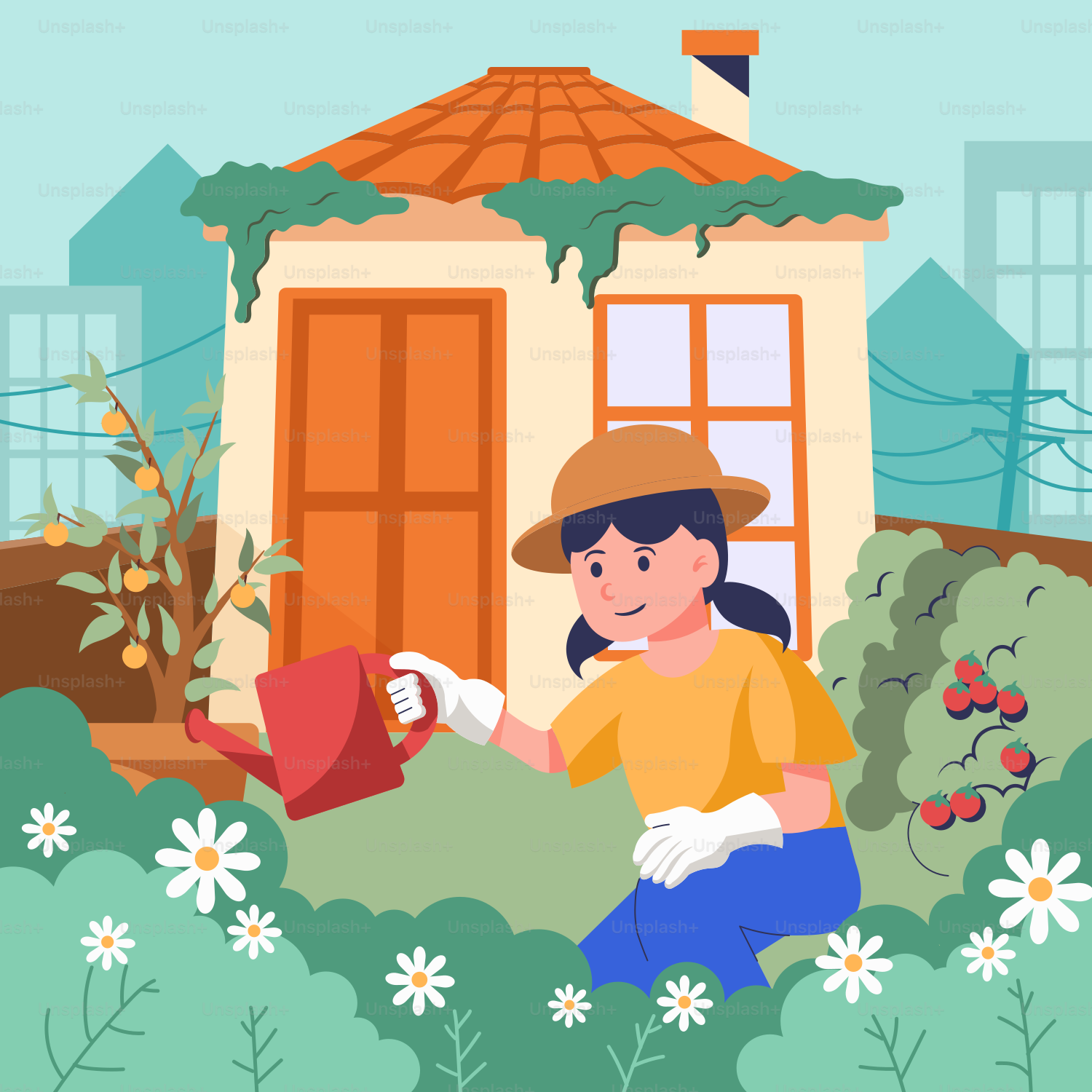 A woman watering flowers in front of a house