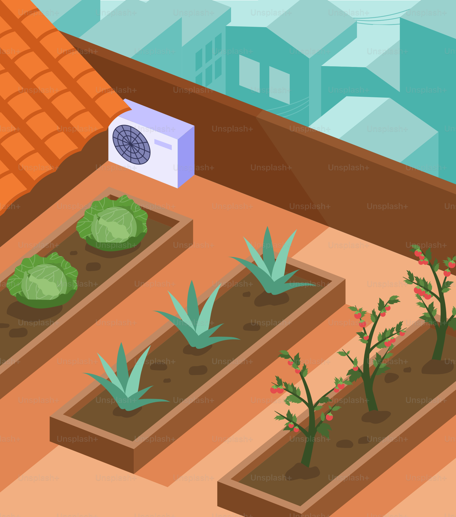 A flat design of a garden with plants and a microwave
