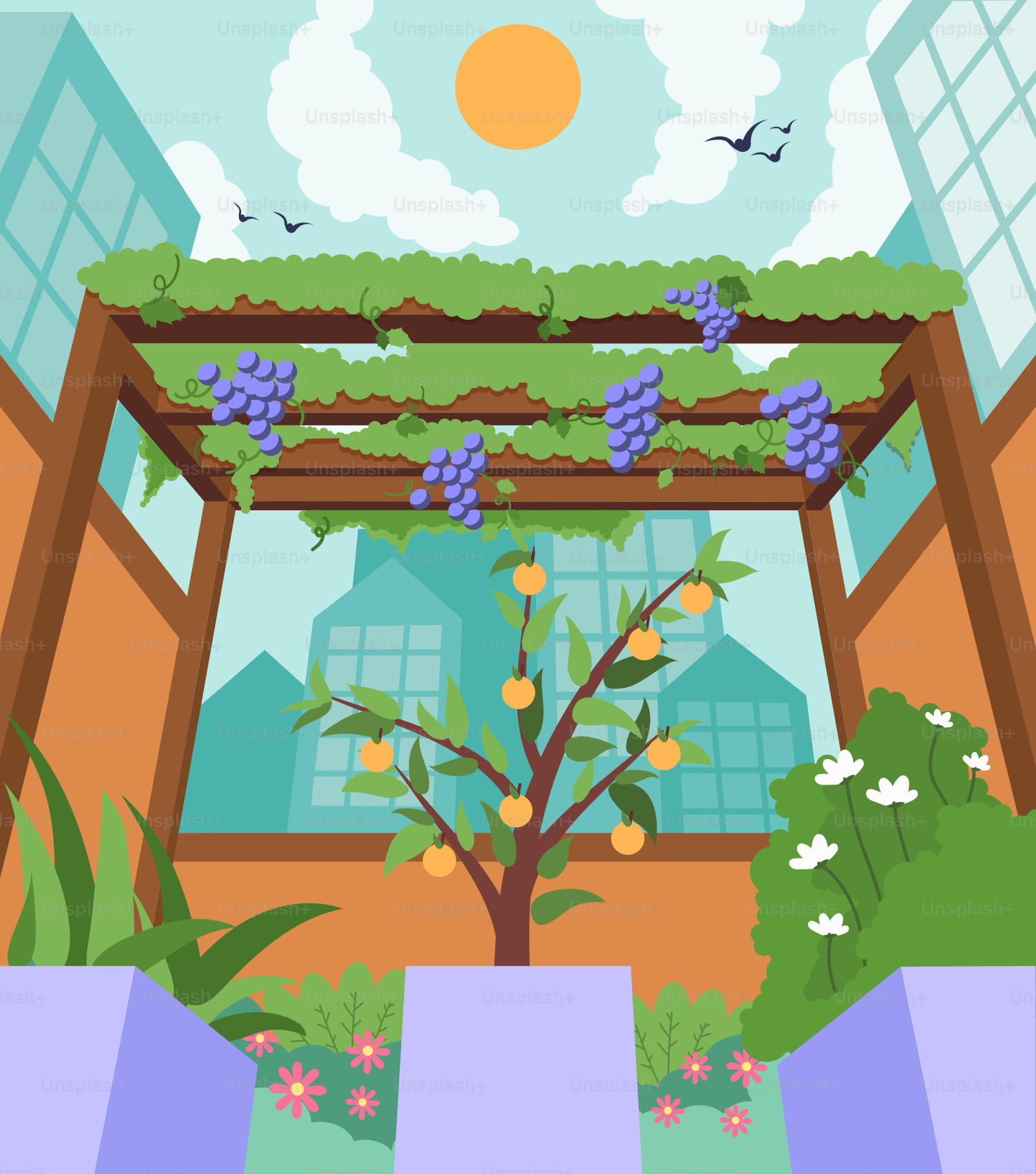 A picture of a patio with a tree and a building in the background