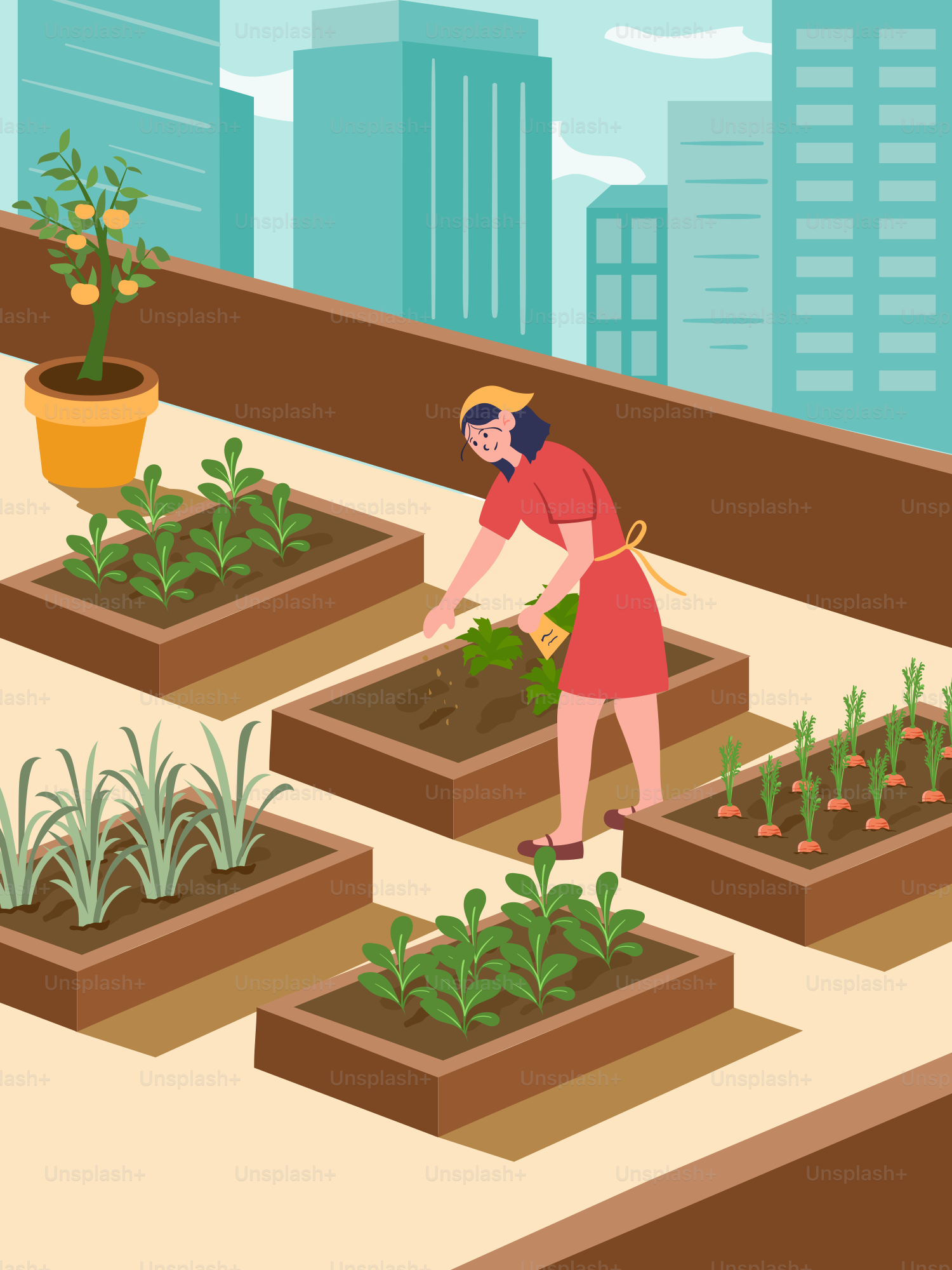A woman tending to plants in a city garden