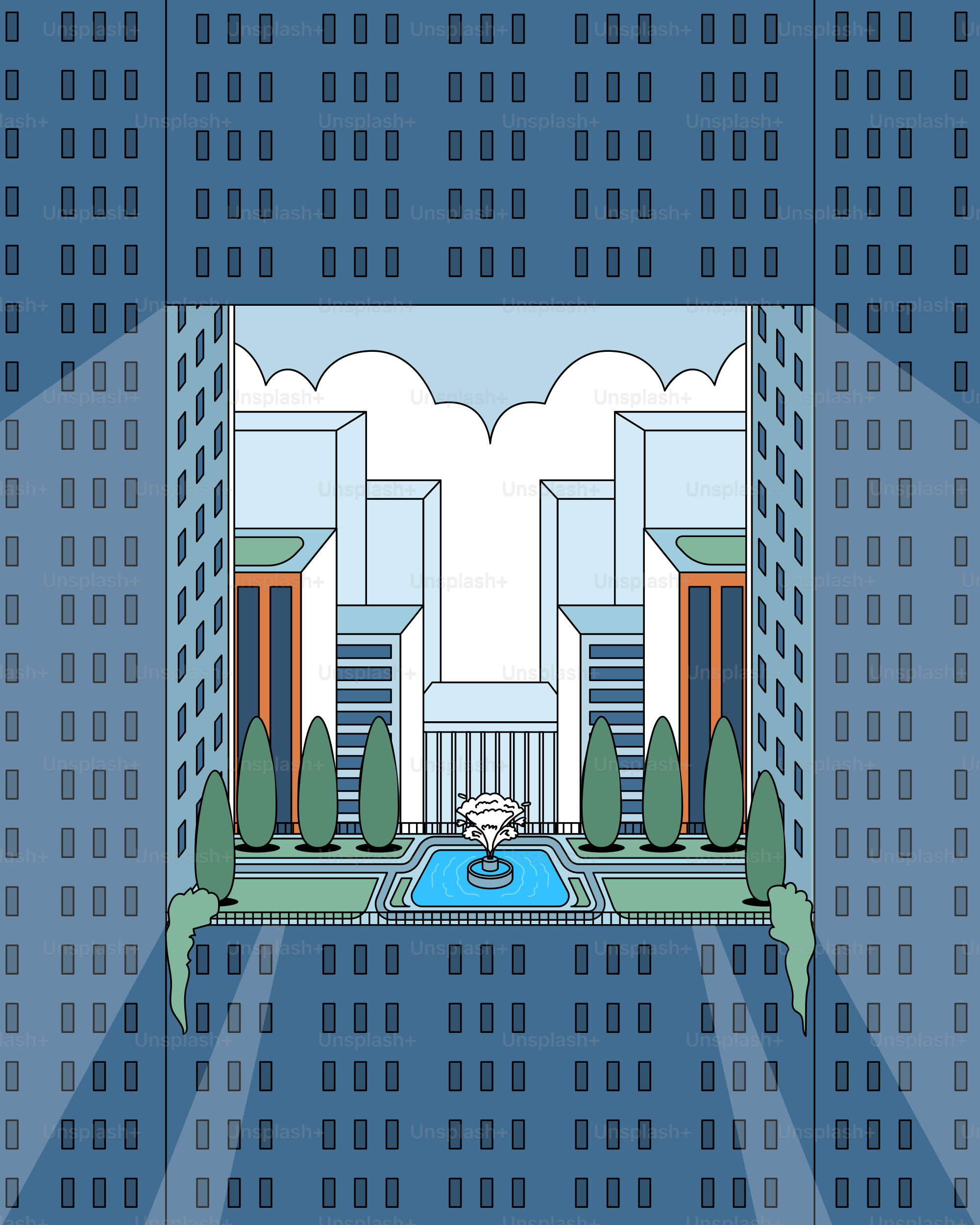 A blue building with a fountain in front of it