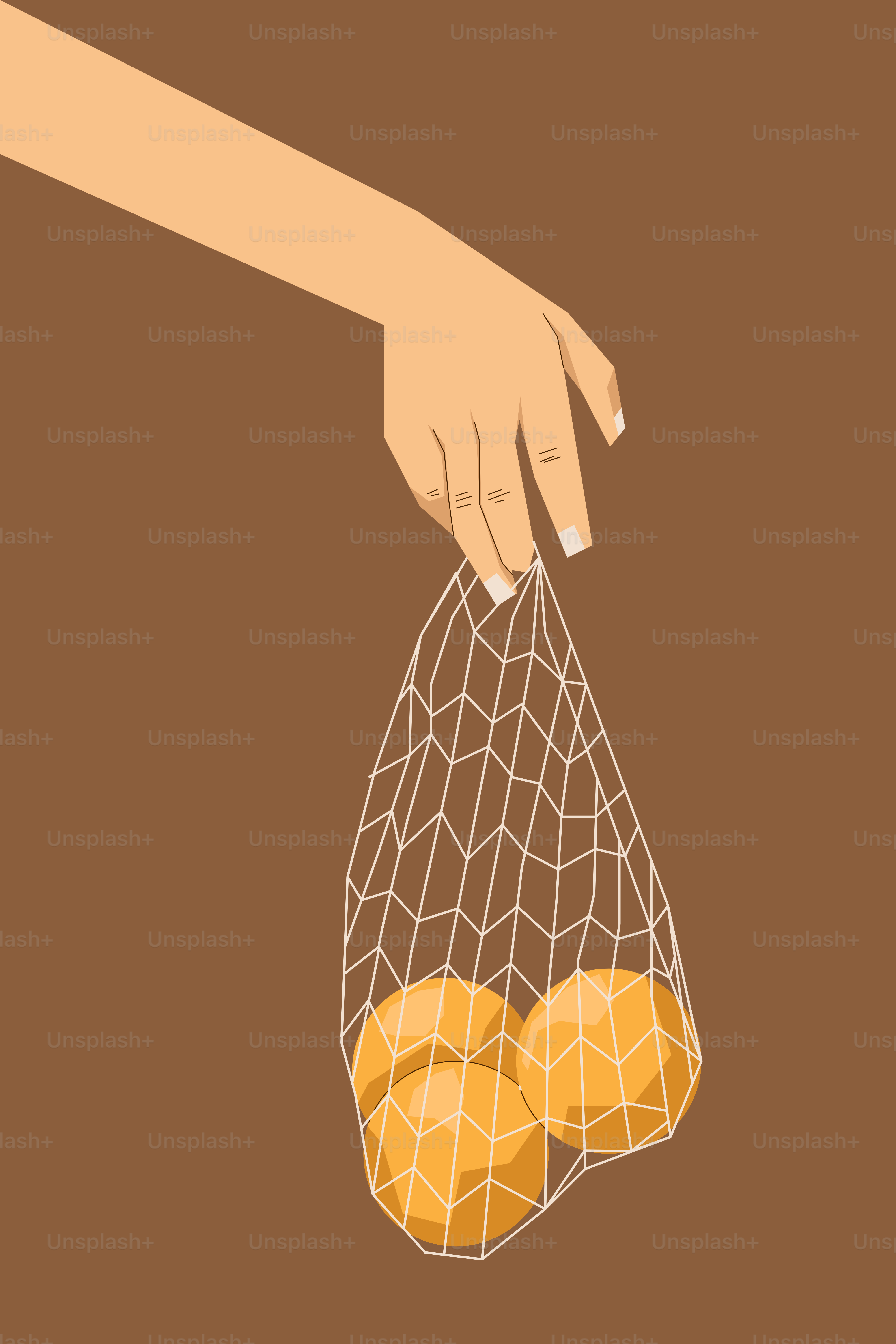 A hand holding a mesh bag filled with oranges