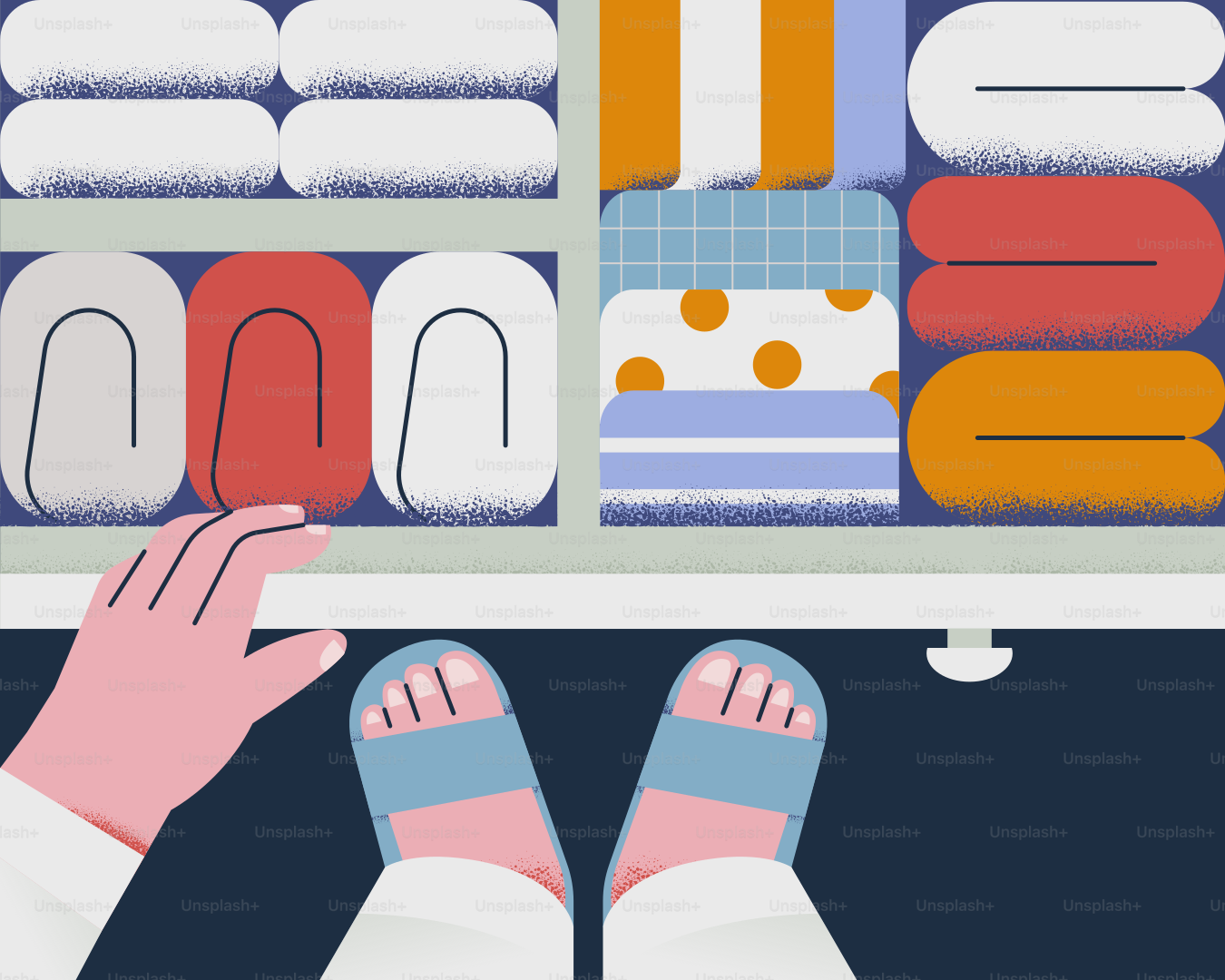 A person holding a tablet with a shelf full of towels