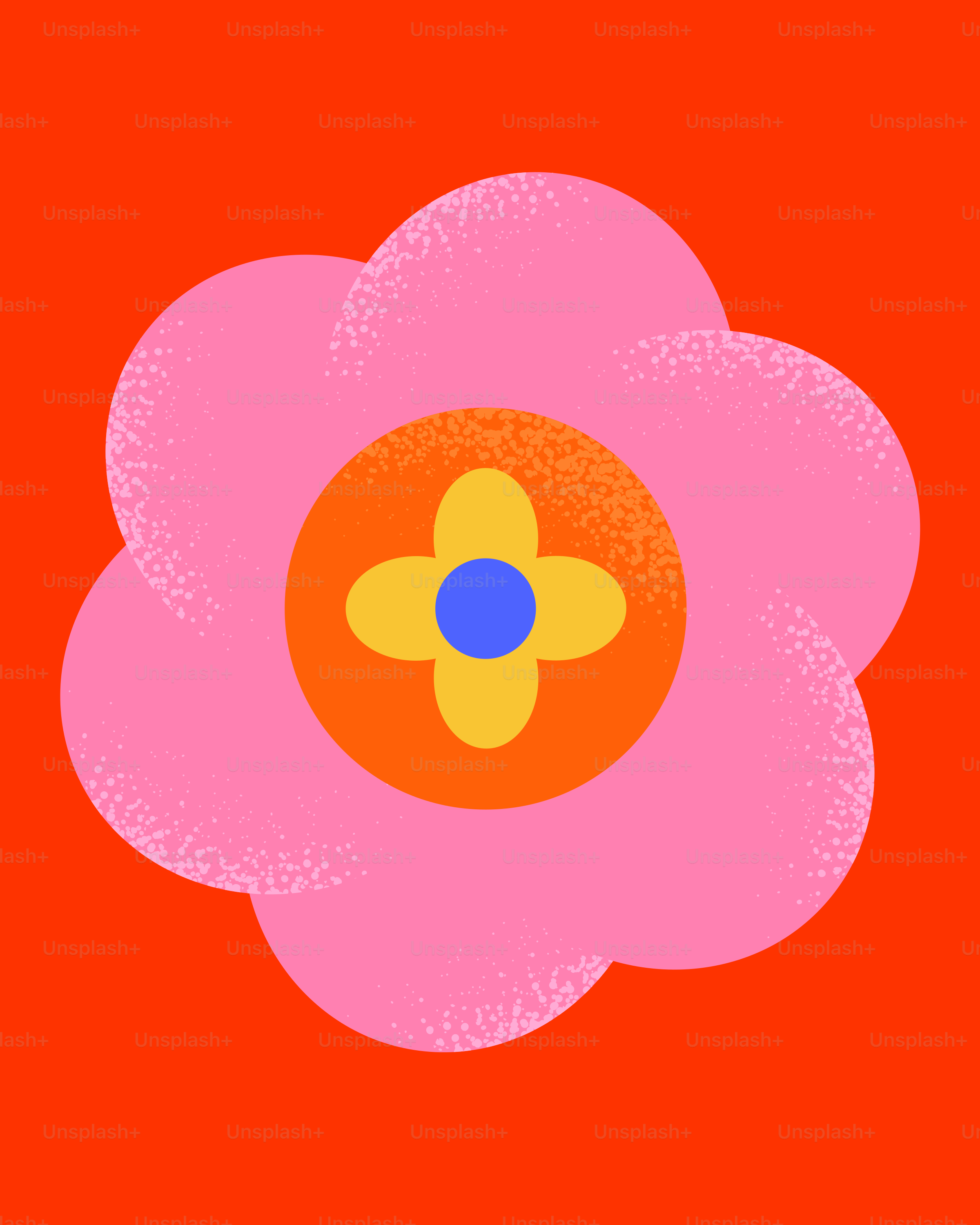 A pink flower with a blue center on a red background