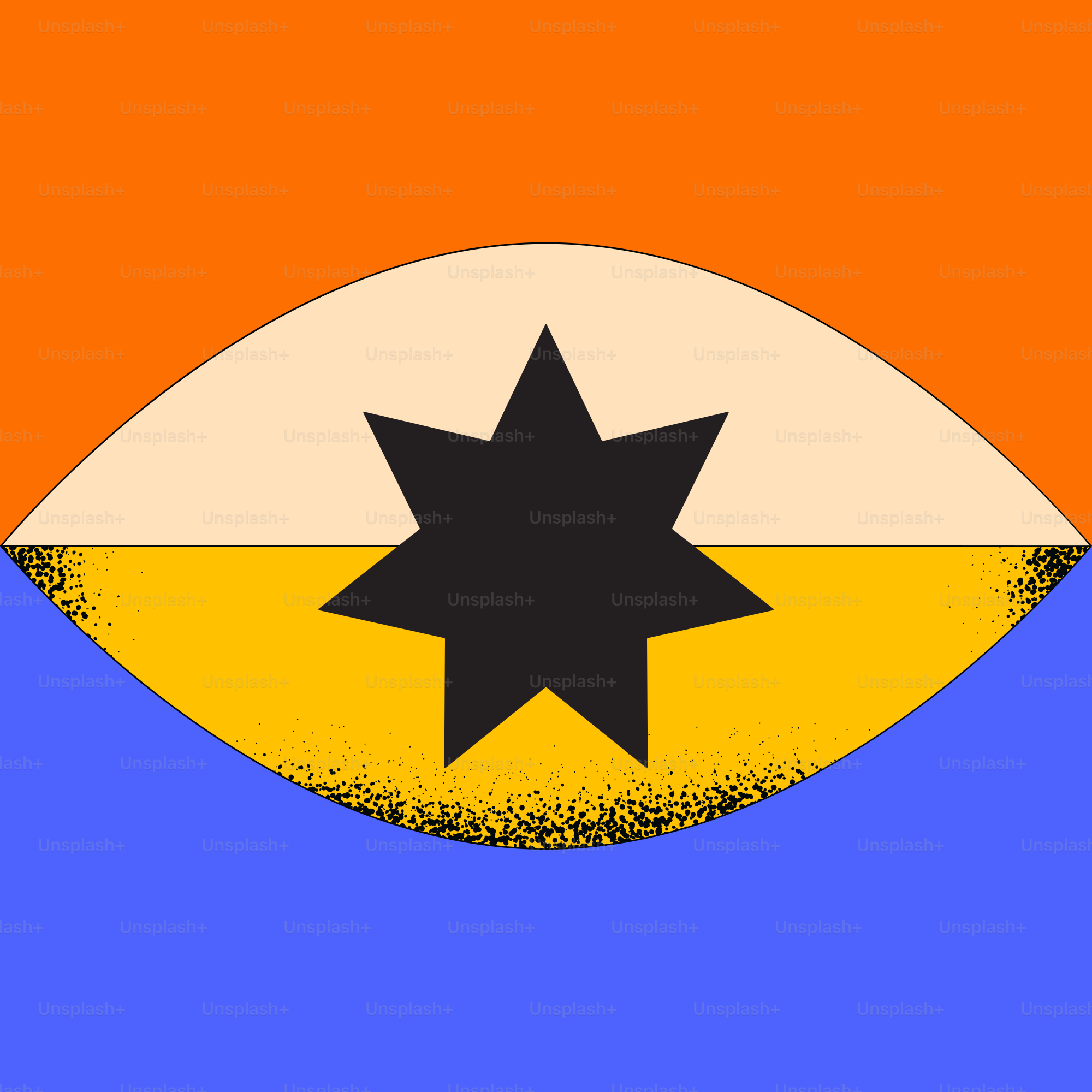 An orange and blue background with a black star