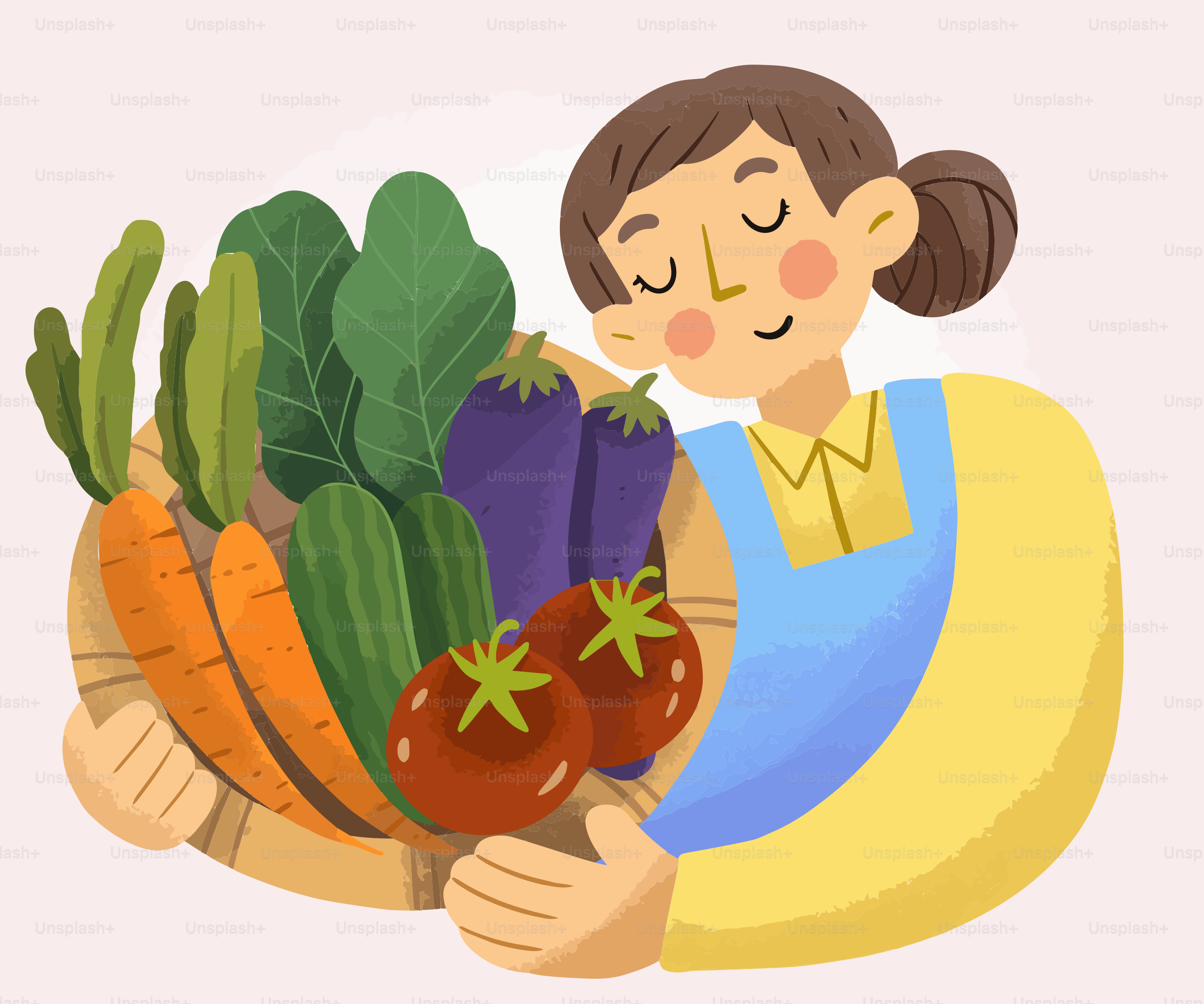 Una mujer sosteniendo una gran cesta de verduras