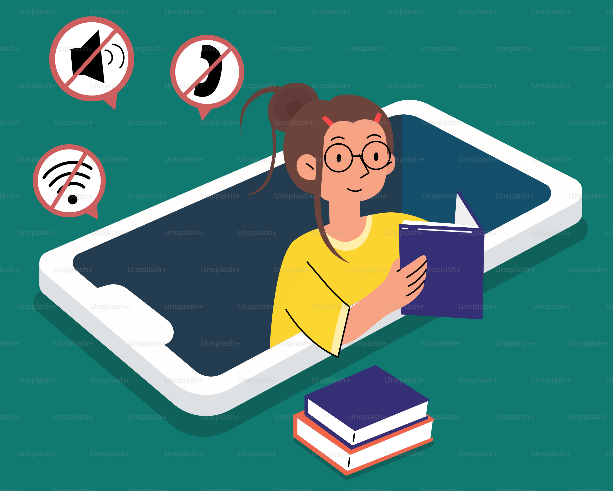 A woman is reading a book on her phone