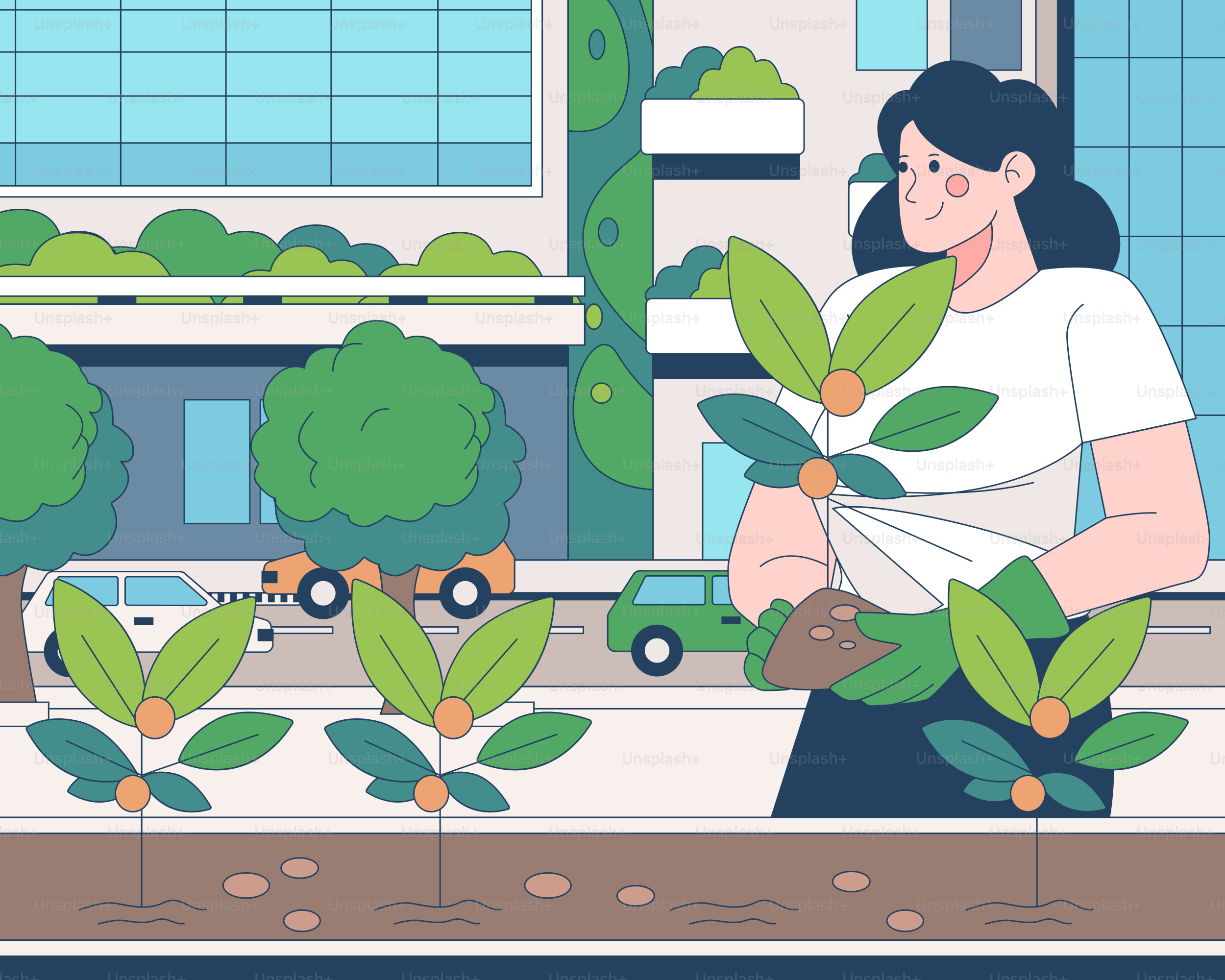 A woman holding a plant in front of a building