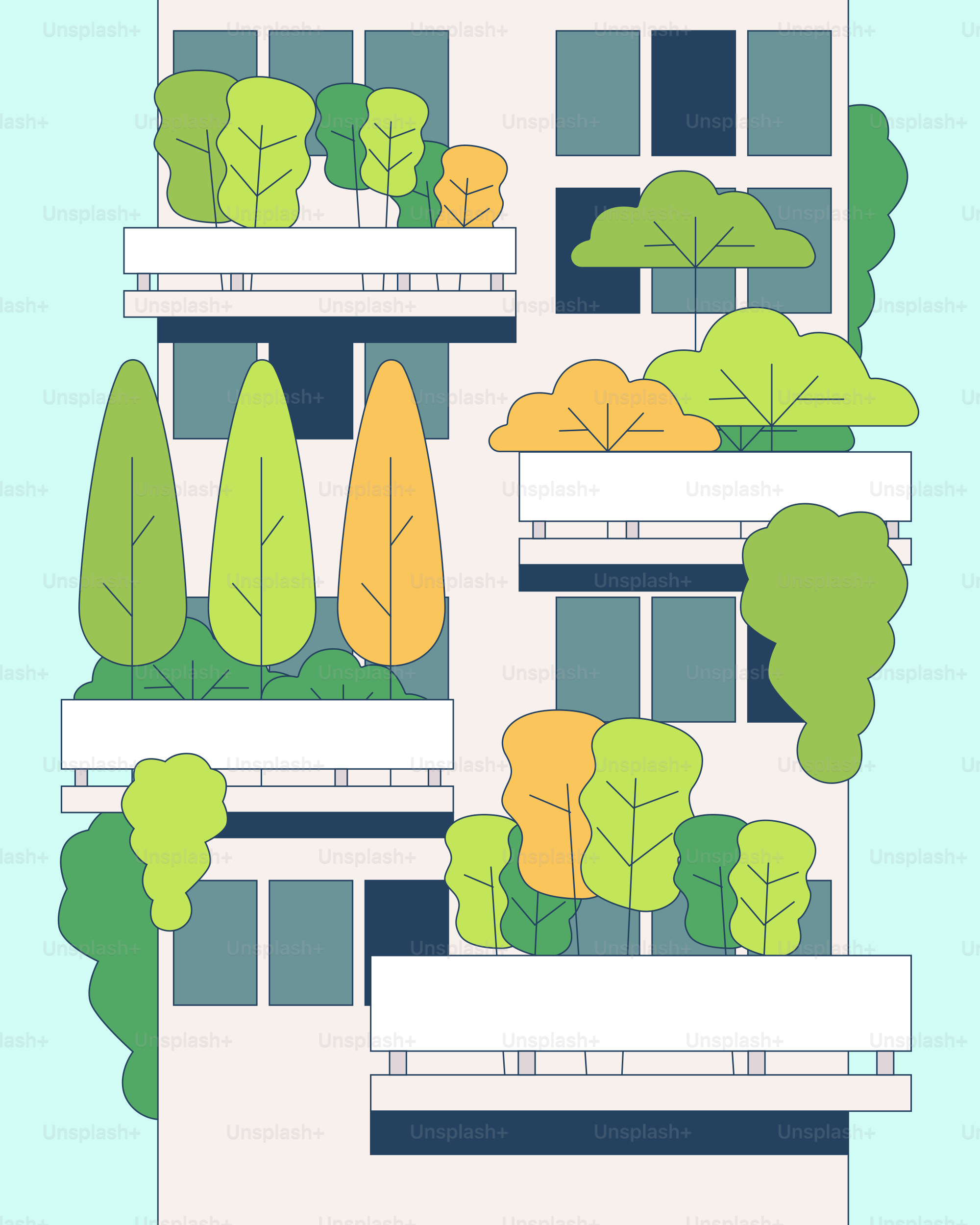 A tall building with trees and bushes in front of it