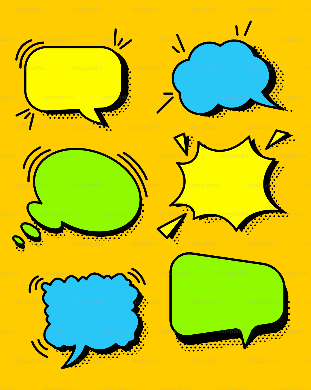 A bunch of speech bubbles on a yellow background