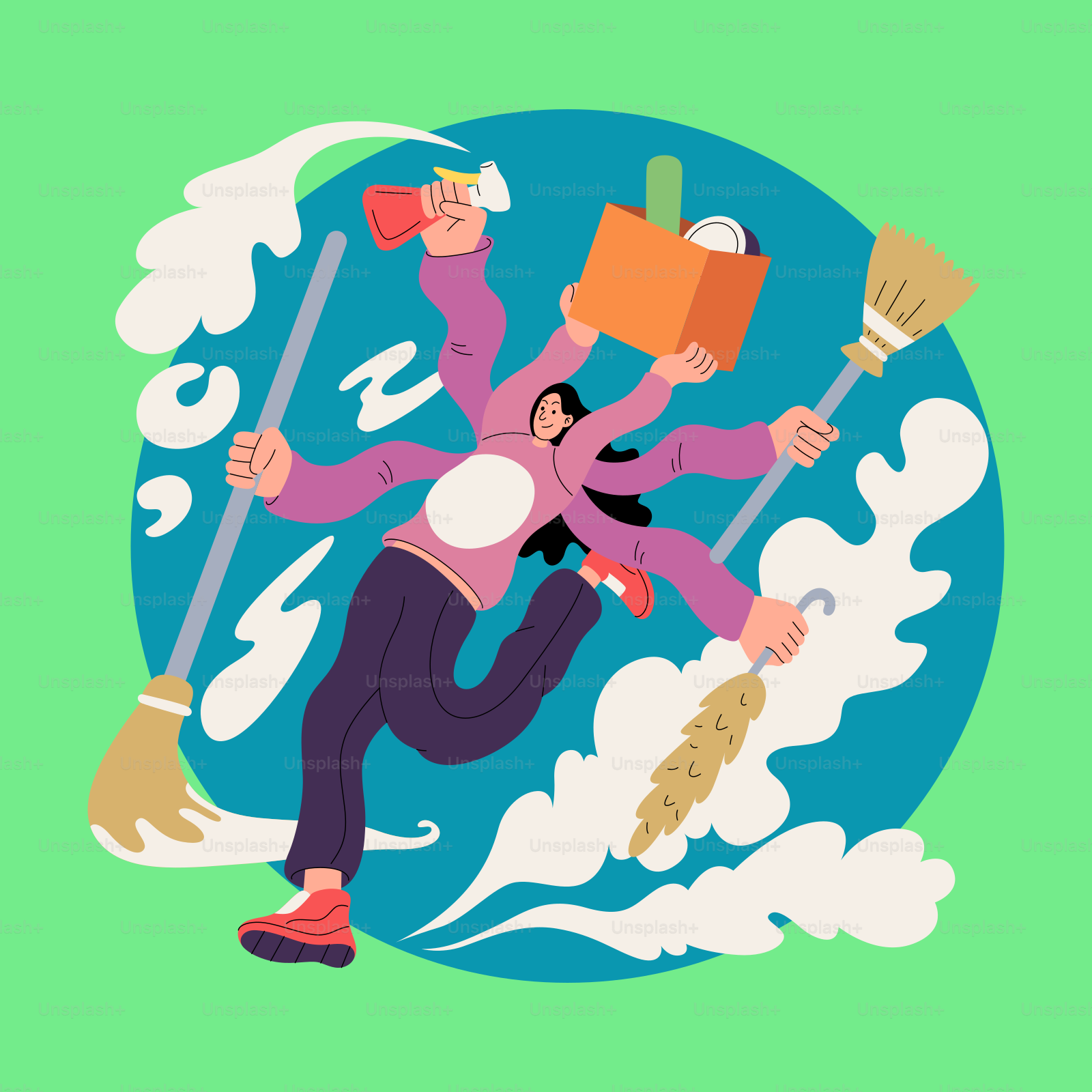A woman is flying through the air with brooms